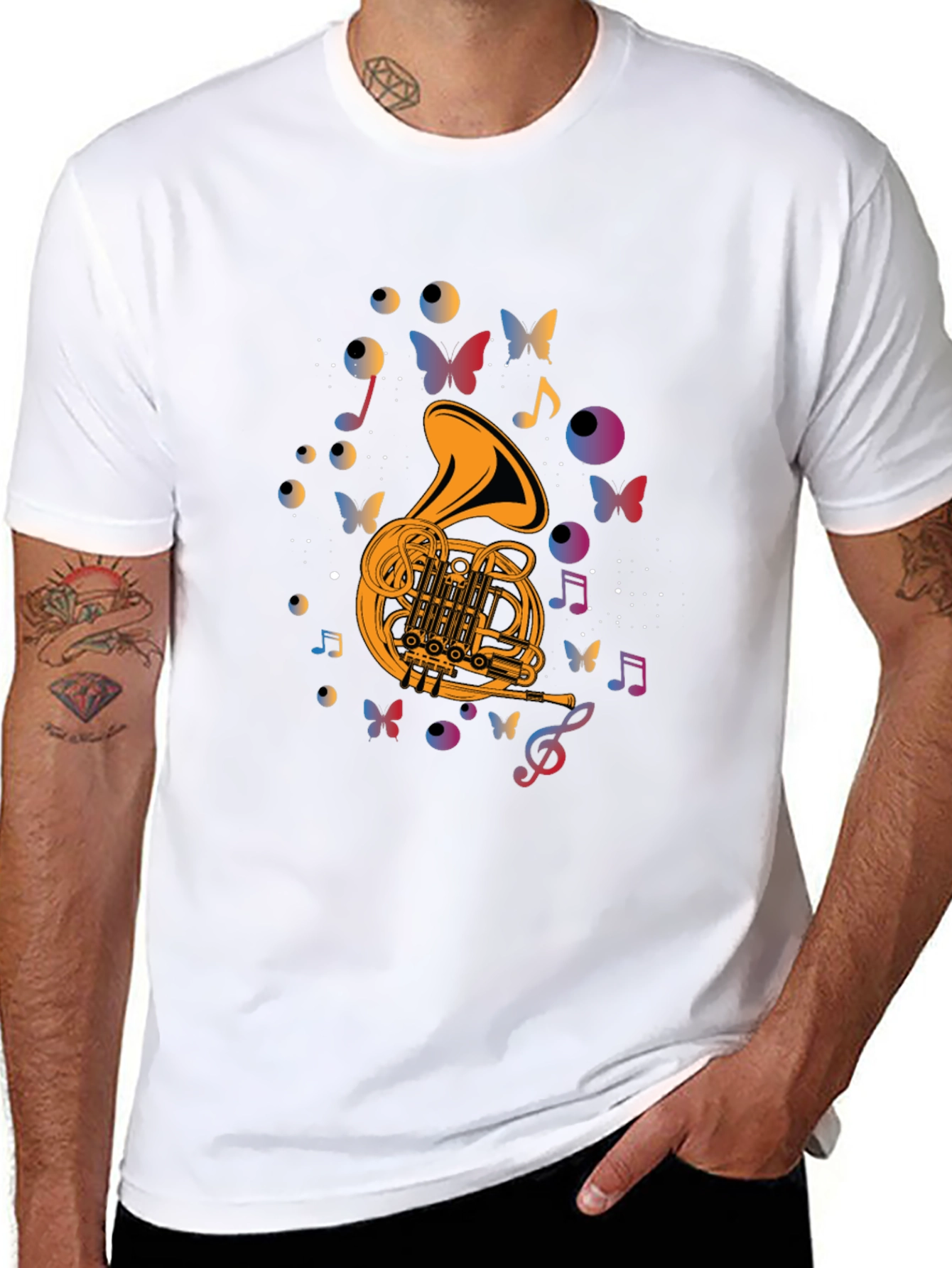 Musical French Horn T-Shirt - Artistic Butterfly Design