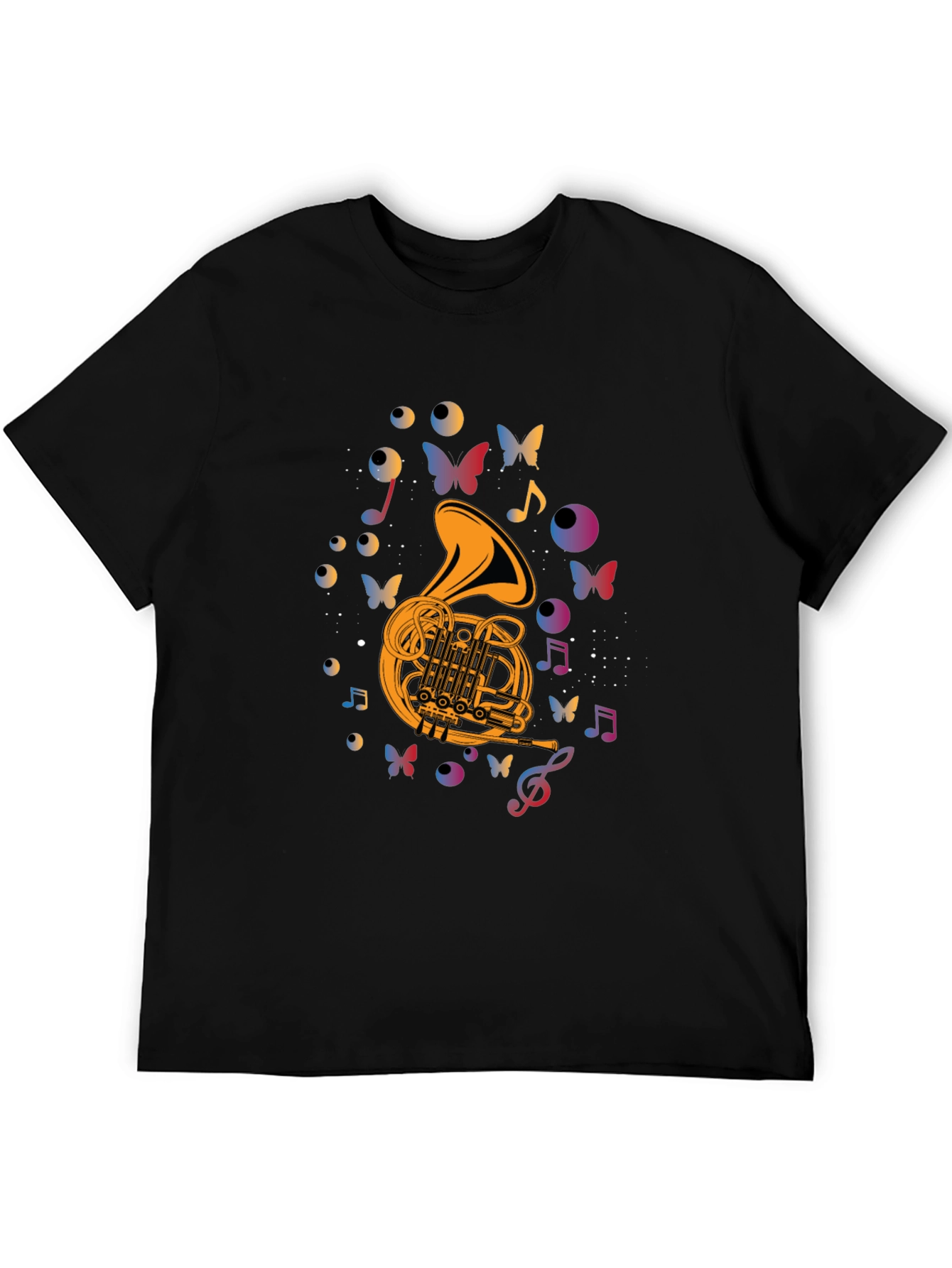 Musical French Horn T-Shirt - Artistic Butterfly Design