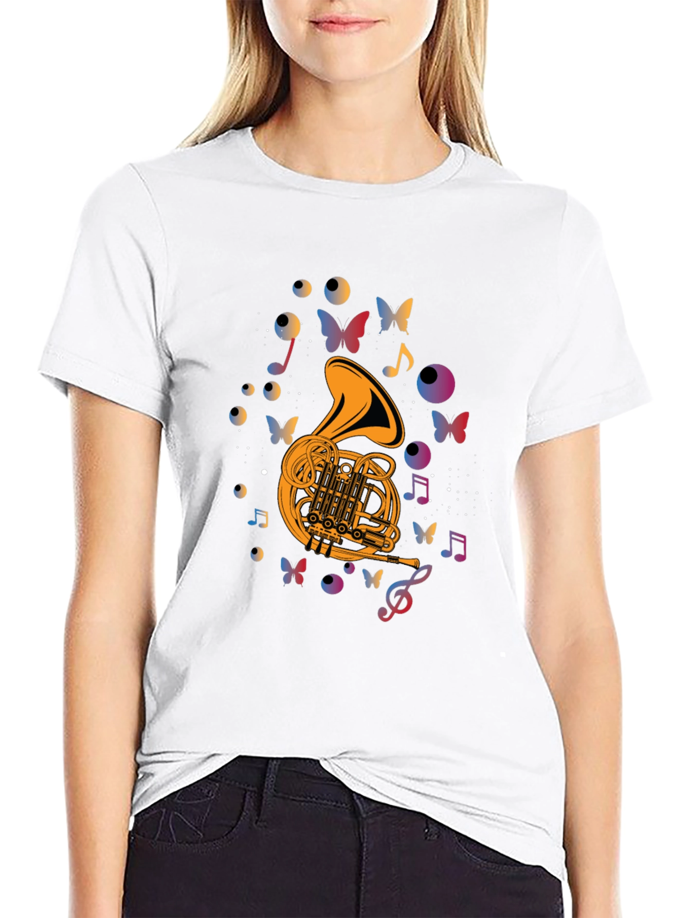 Musical French Horn T-Shirt - Artistic Butterfly Design