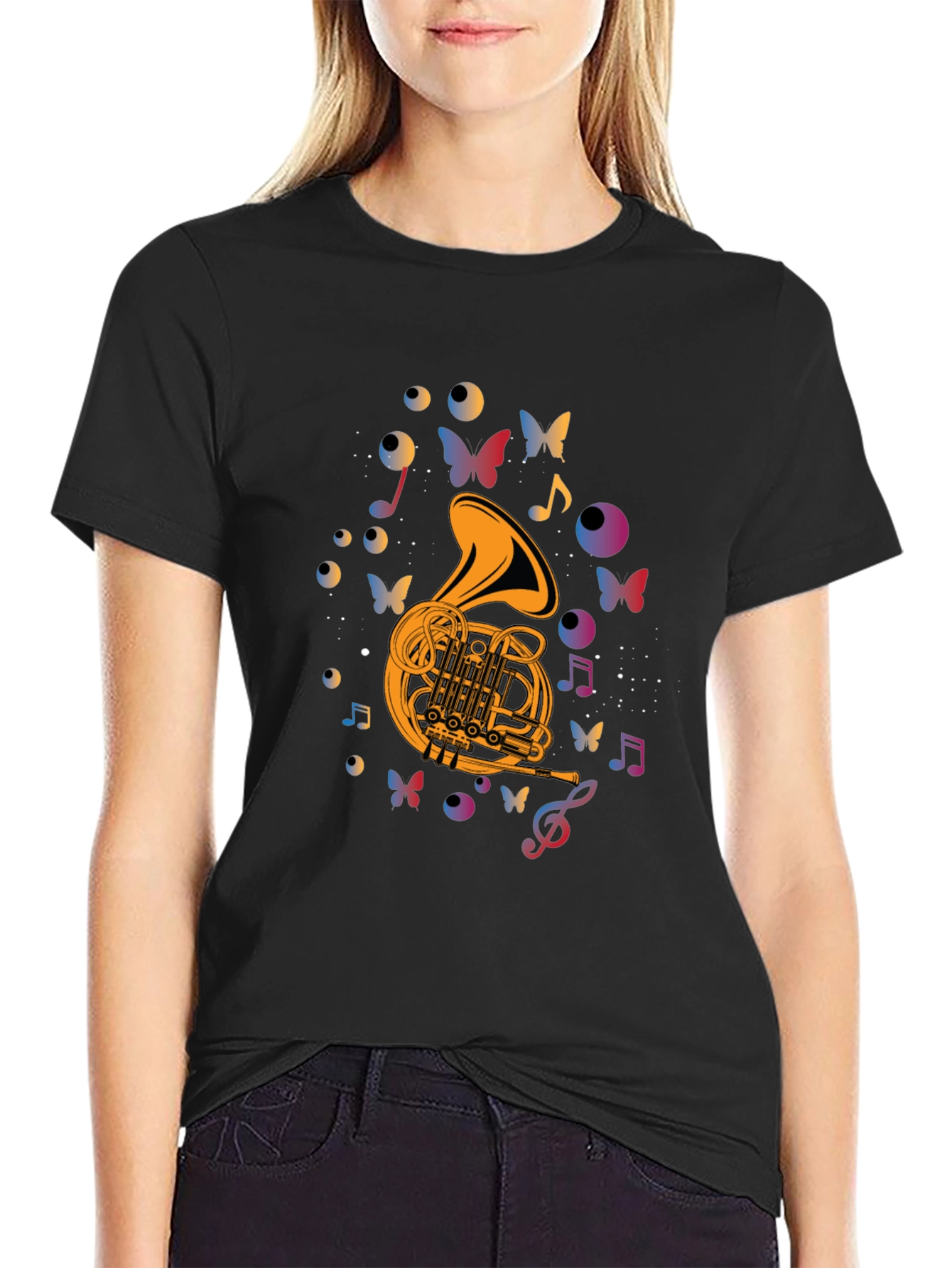 Musical French Horn T-Shirt - Artistic Butterfly Design