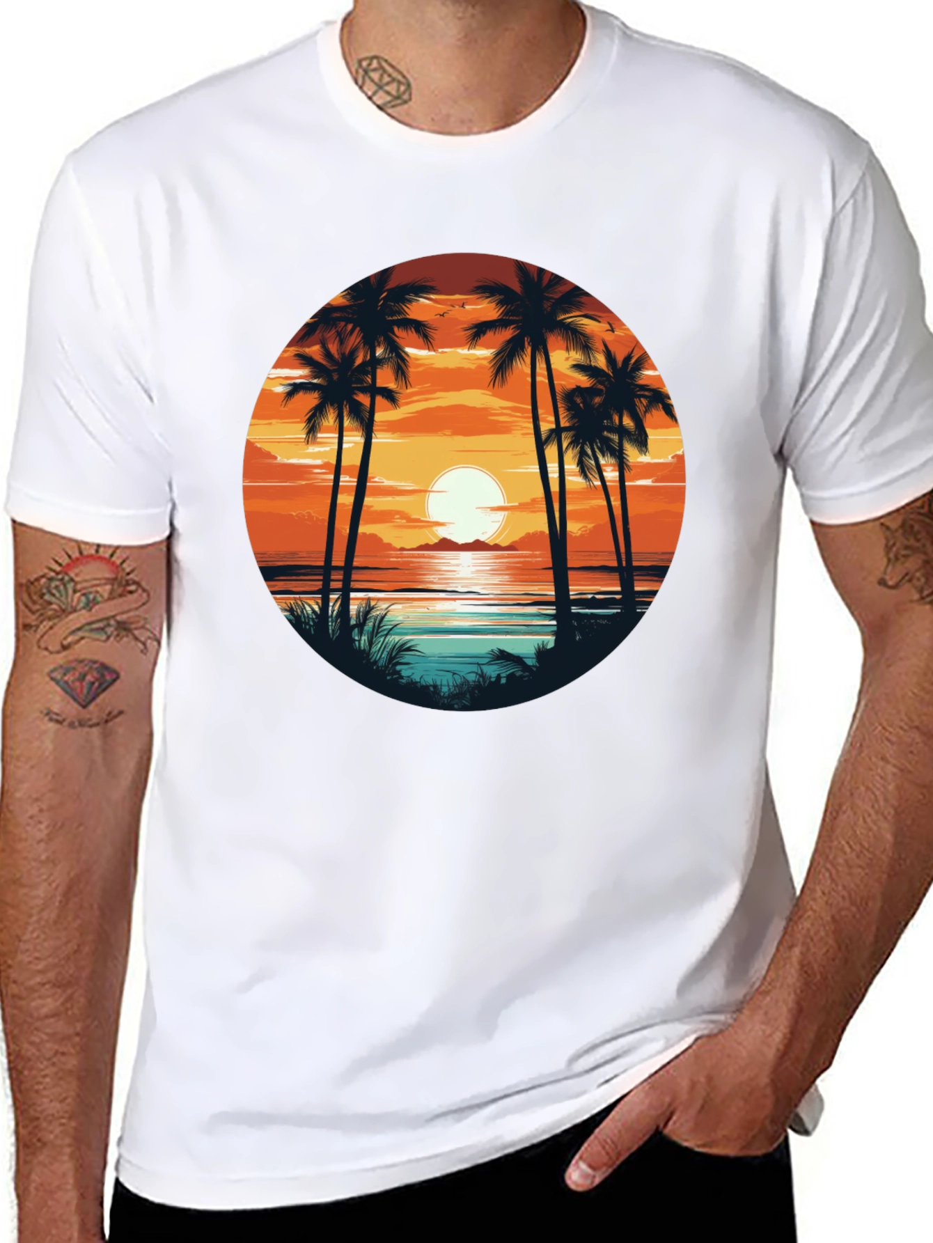 Sunset Palm Tree Graphic Tee - Beach Vibes
