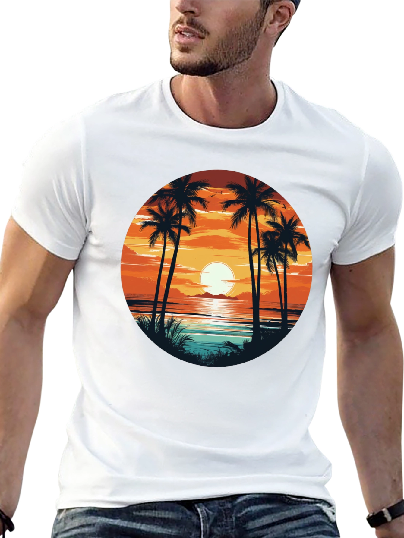 Sunset Palm Tree Graphic Tee - Beach Vibes