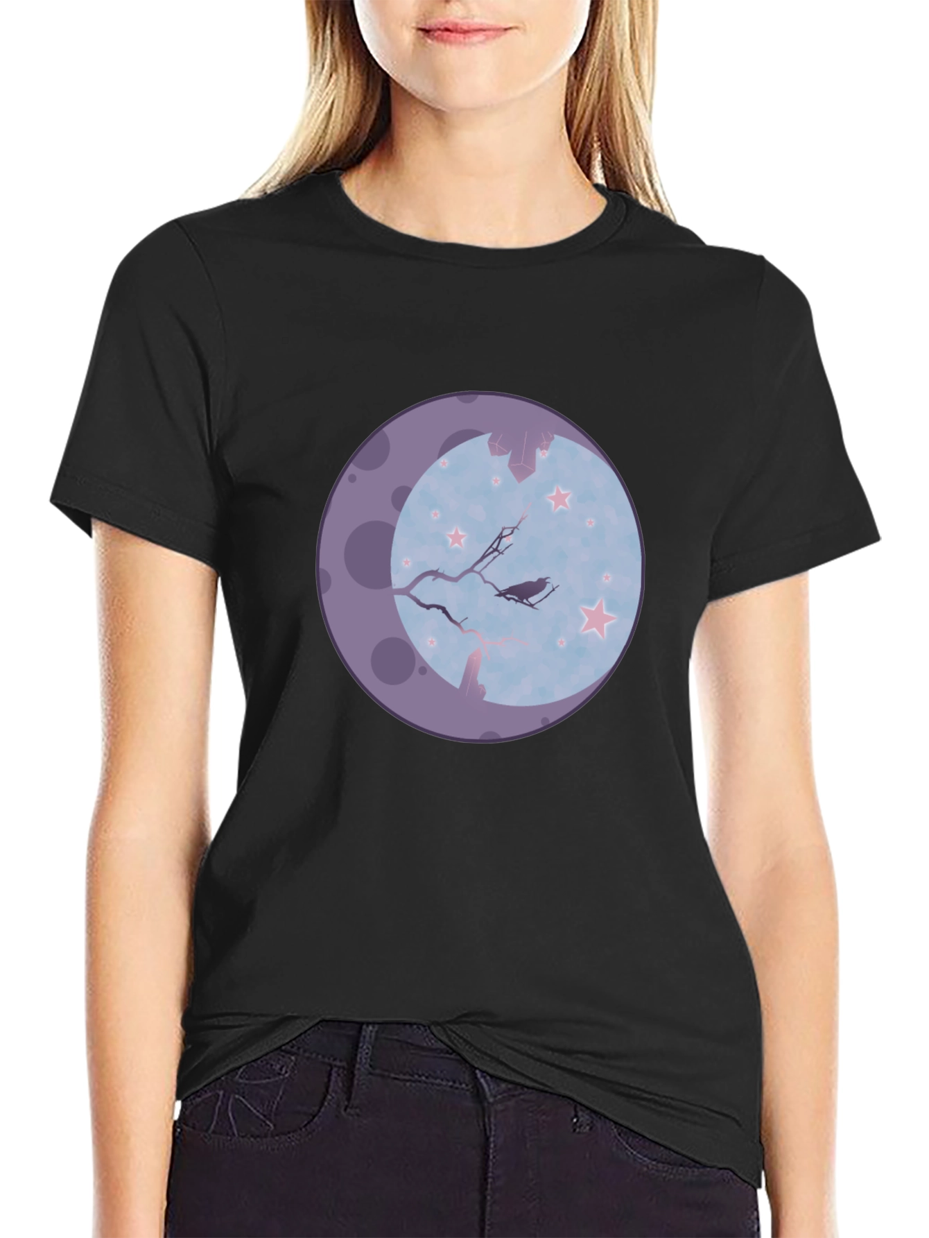 Raven Moon Graphic Tee - Black Cotton Blend T-Shirt