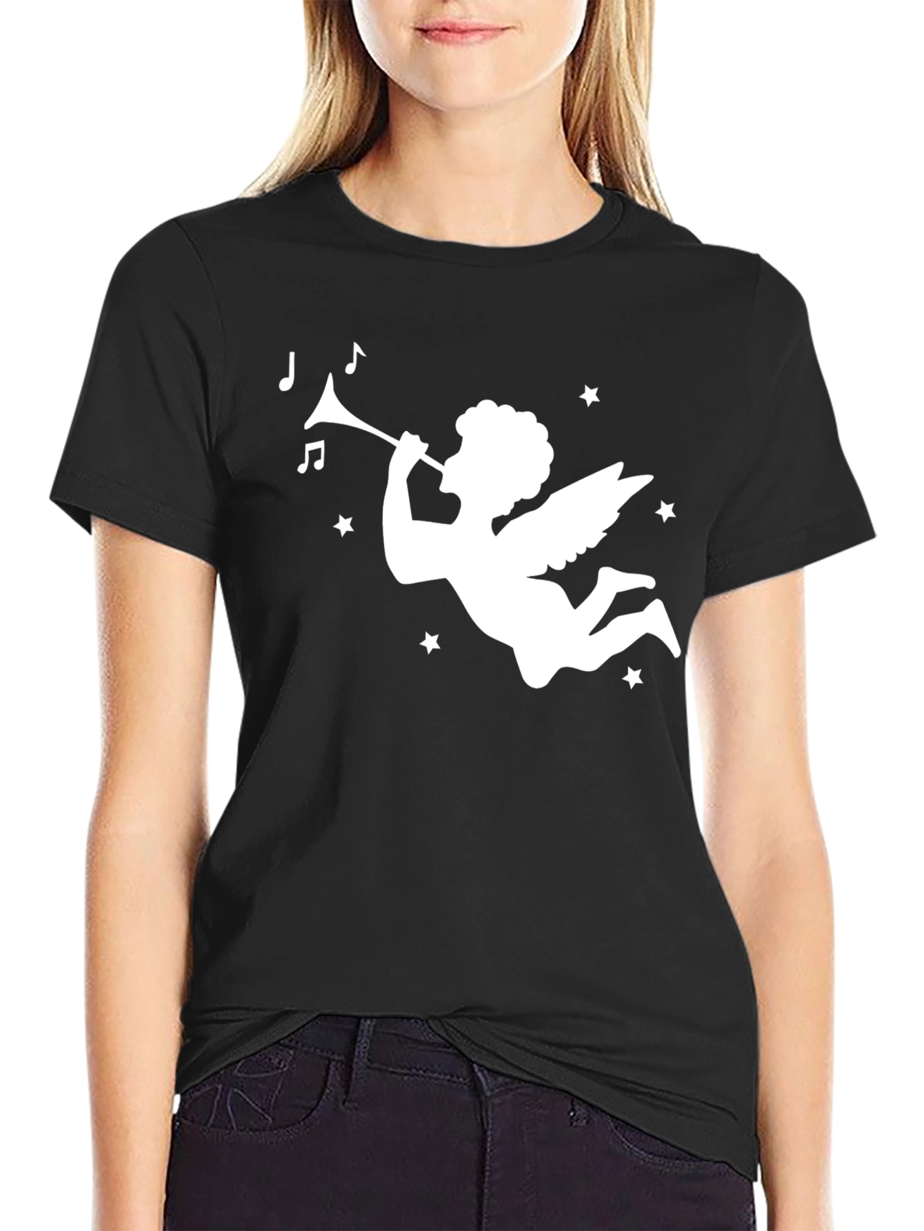 Angel Trumpet Graphic Tee - Stylish Black Cotton T-Shirt