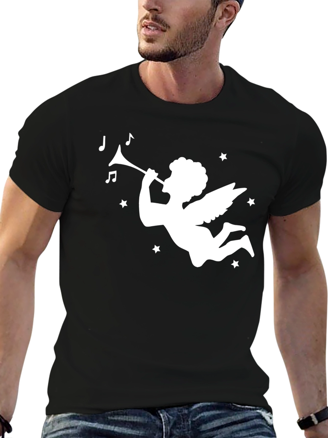 Angel Trumpet Graphic Tee - Stylish Black Cotton T-Shirt