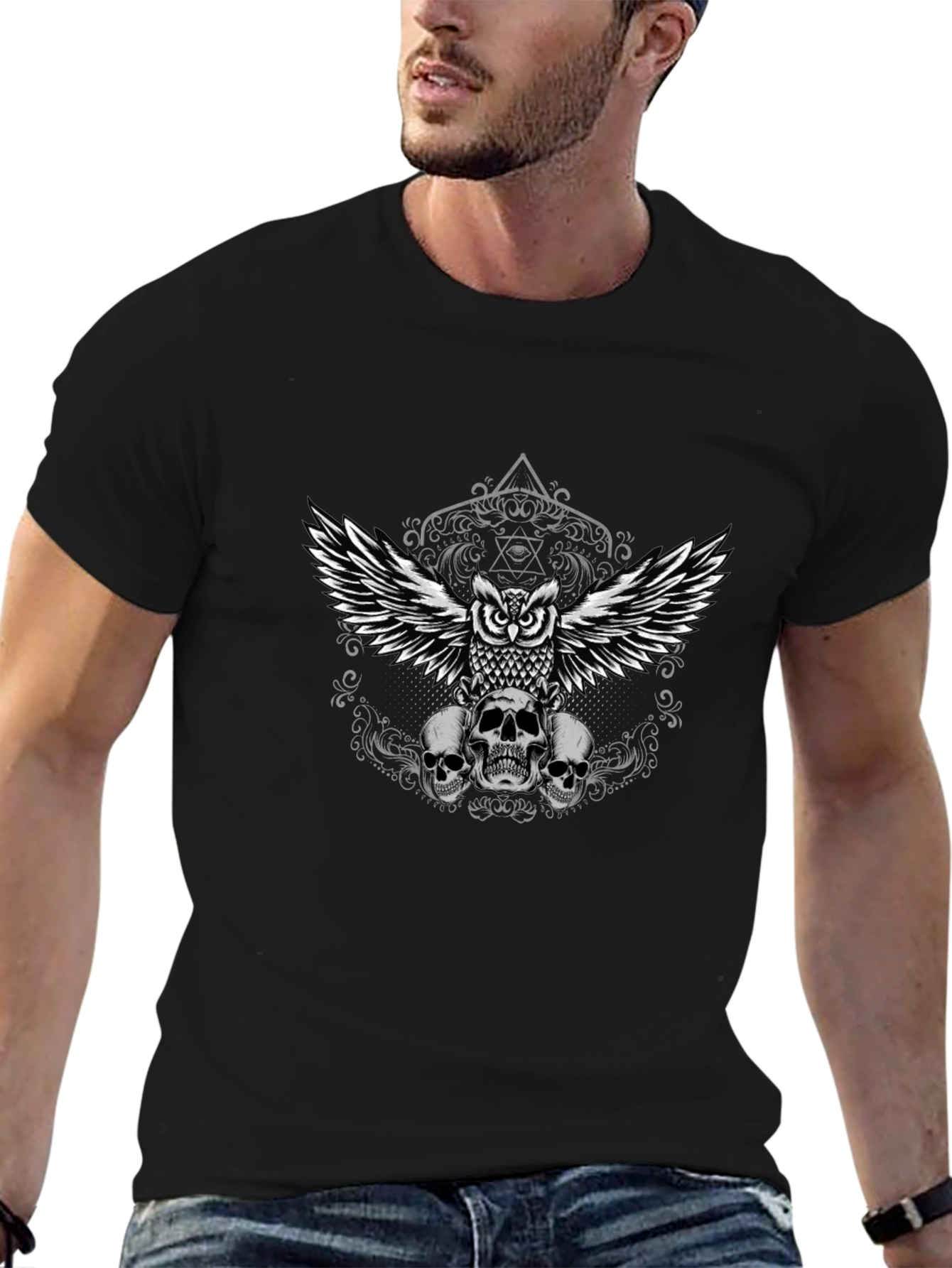 Owl and Skulls Graphic Tee - Mens Black T-Shirt