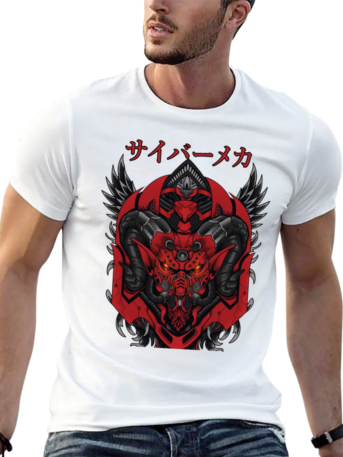Cyber Mecha Demon Graphic Tee - Black