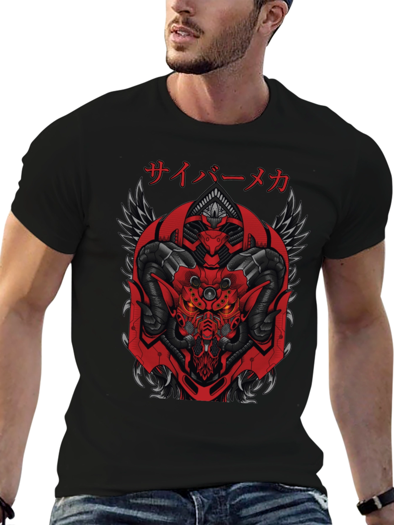 Cyber Mecha Demon Graphic Tee - Black