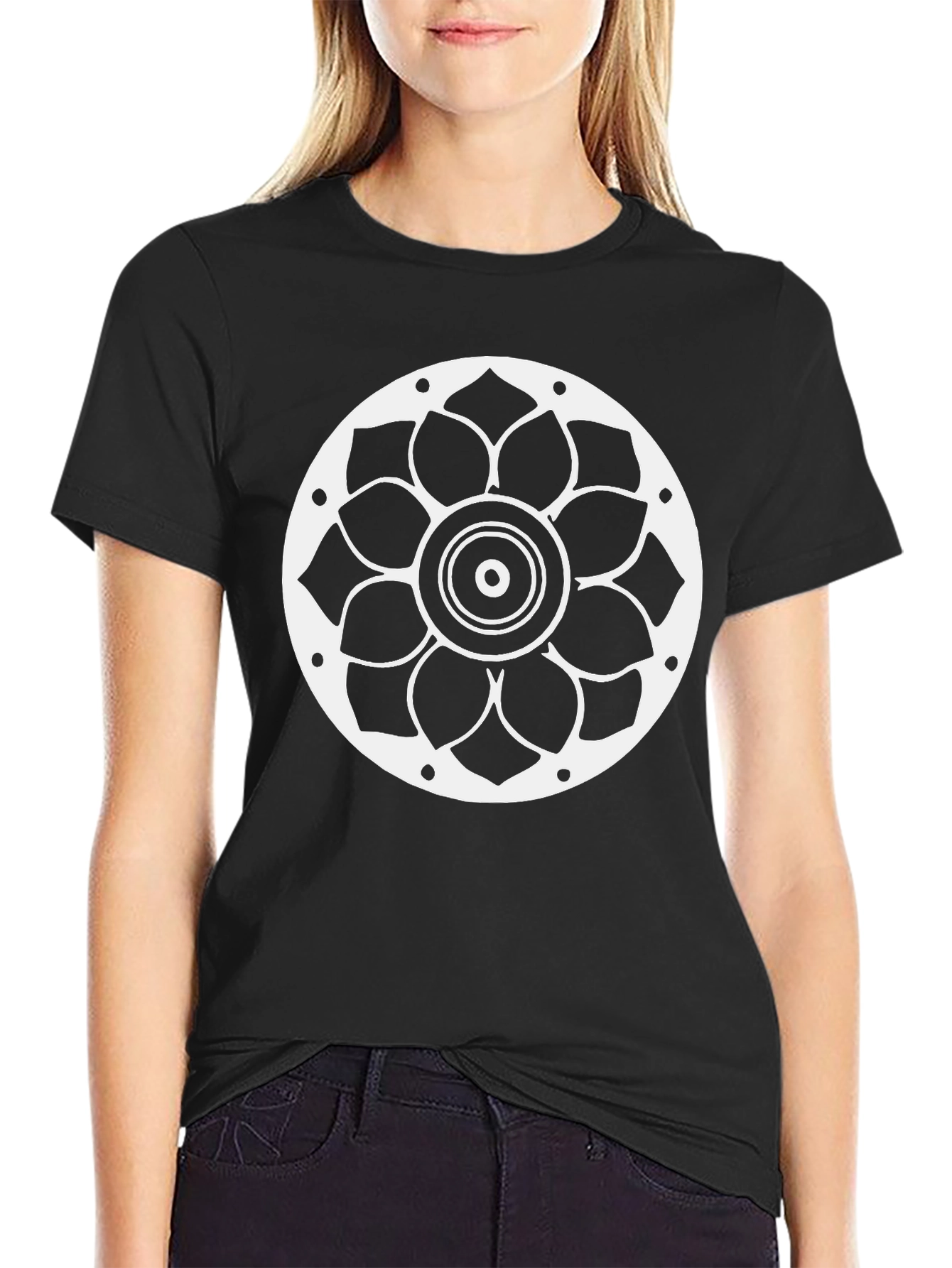 Lotus Mandala Graphic Print Black T-Shirt