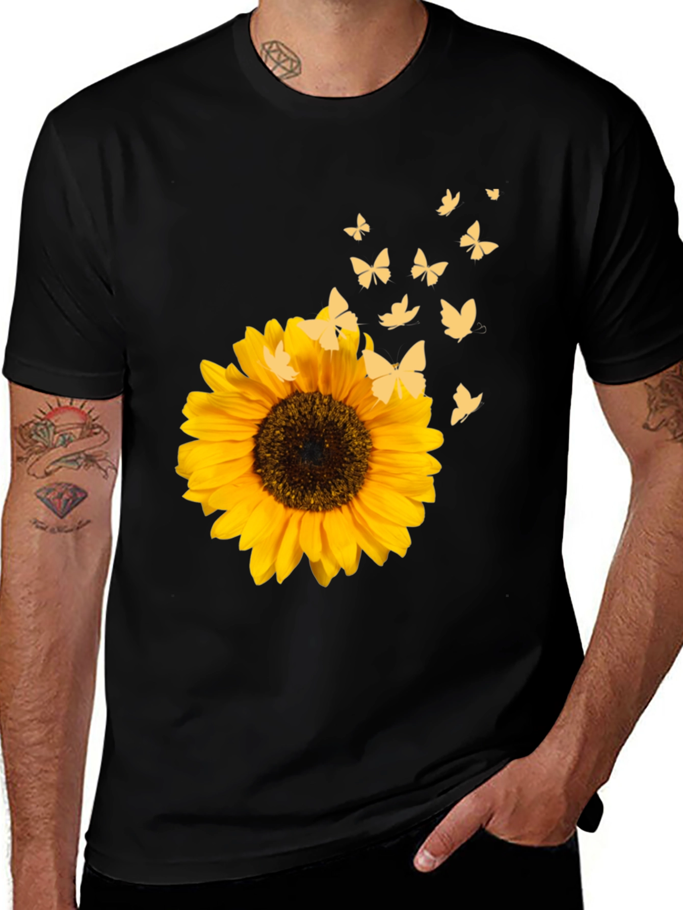 Sunflower & Butterfly Black T-Shirt