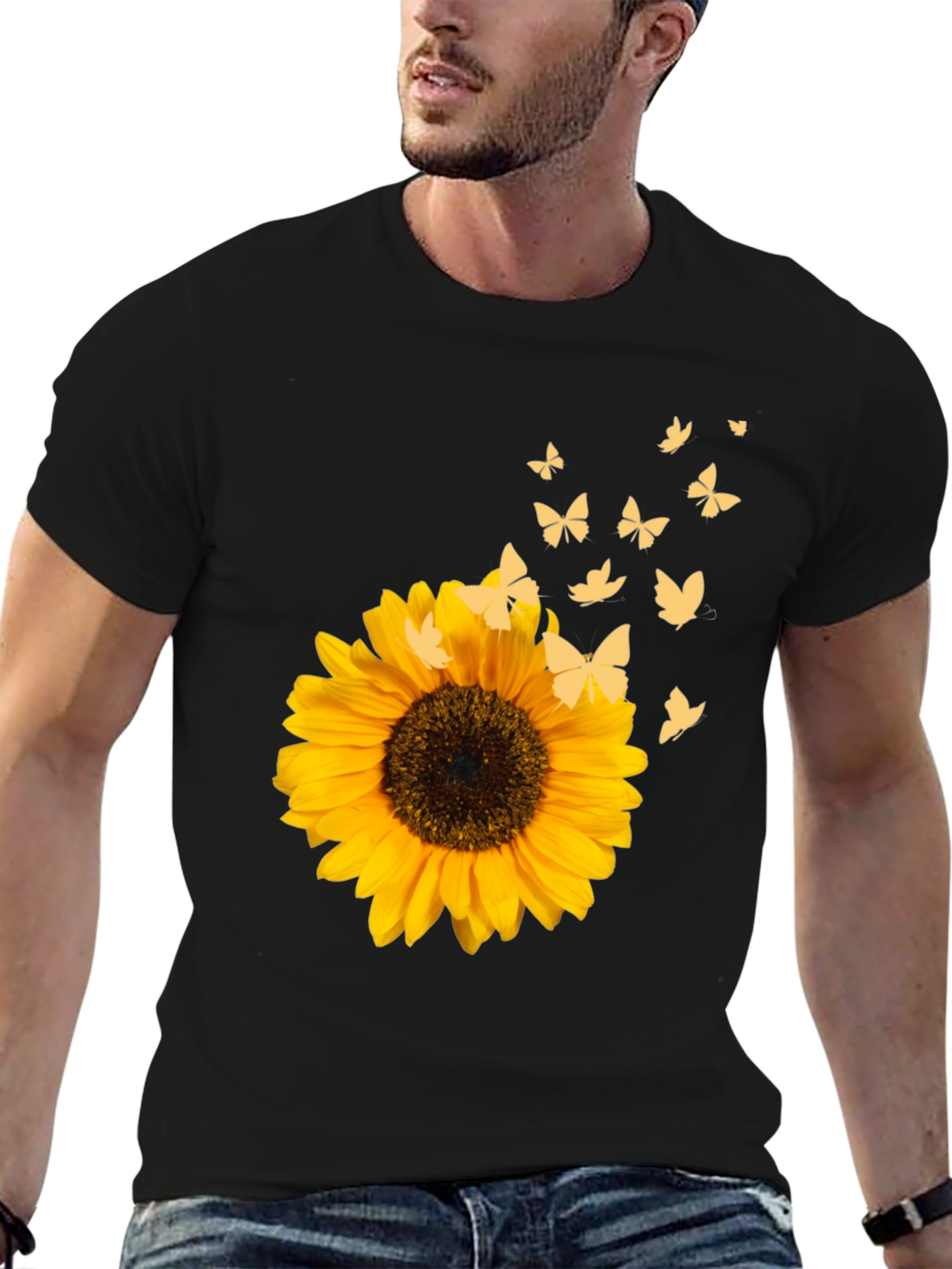 Sunflower & Butterfly Black T-Shirt