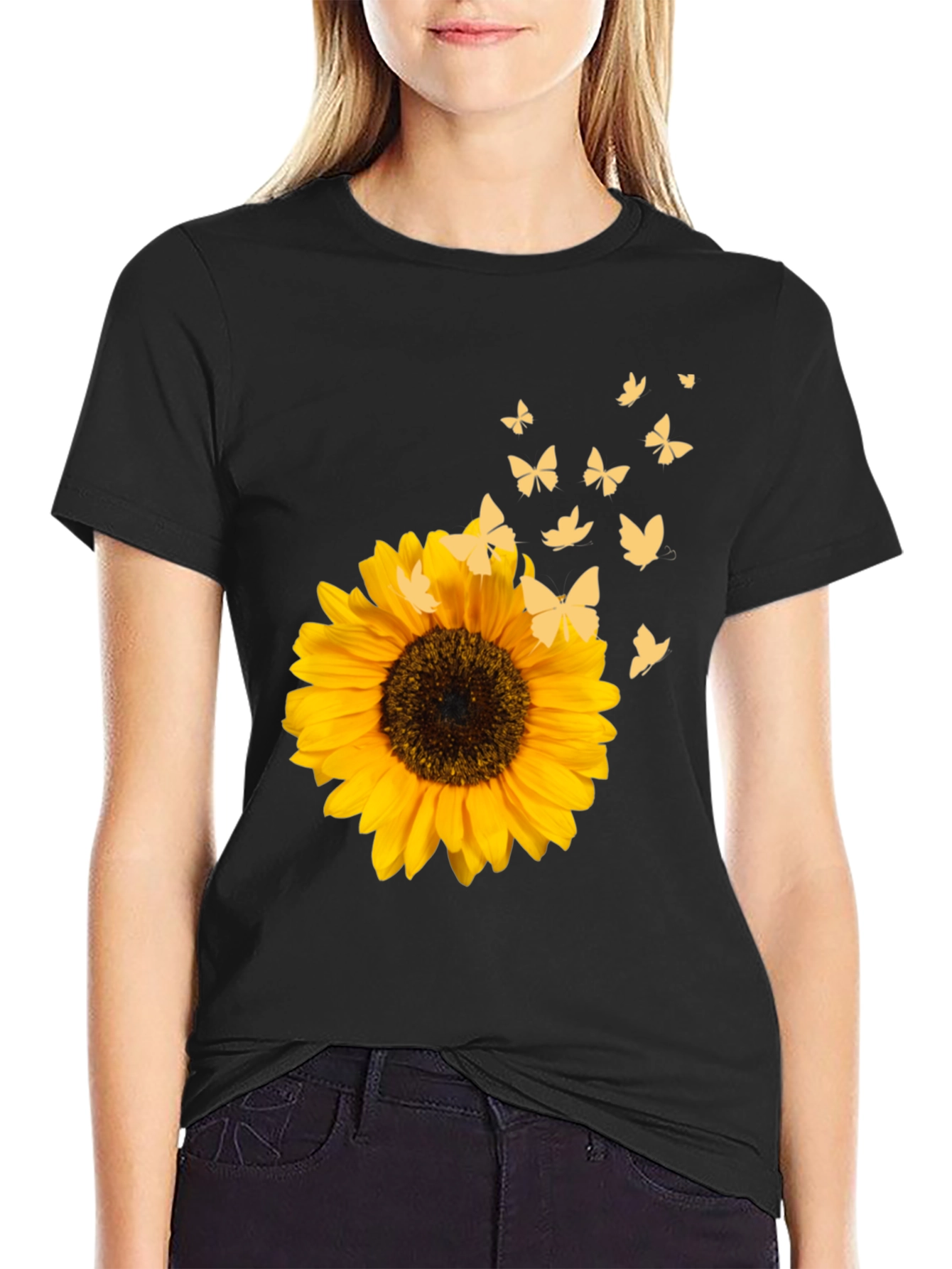 Sunflower & Butterfly Black T-Shirt