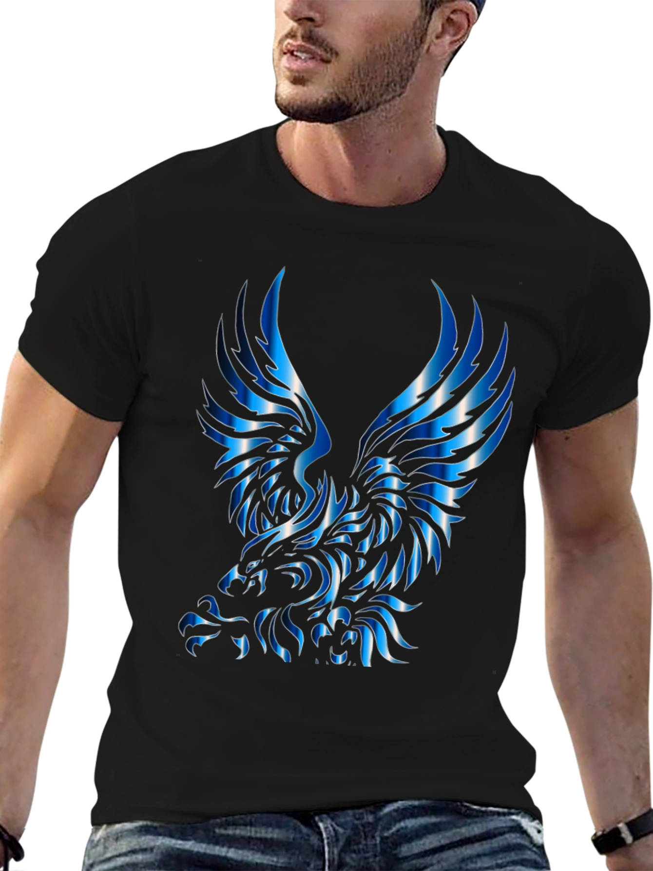 Mens Black T-Shirt with Blue Eagle Design