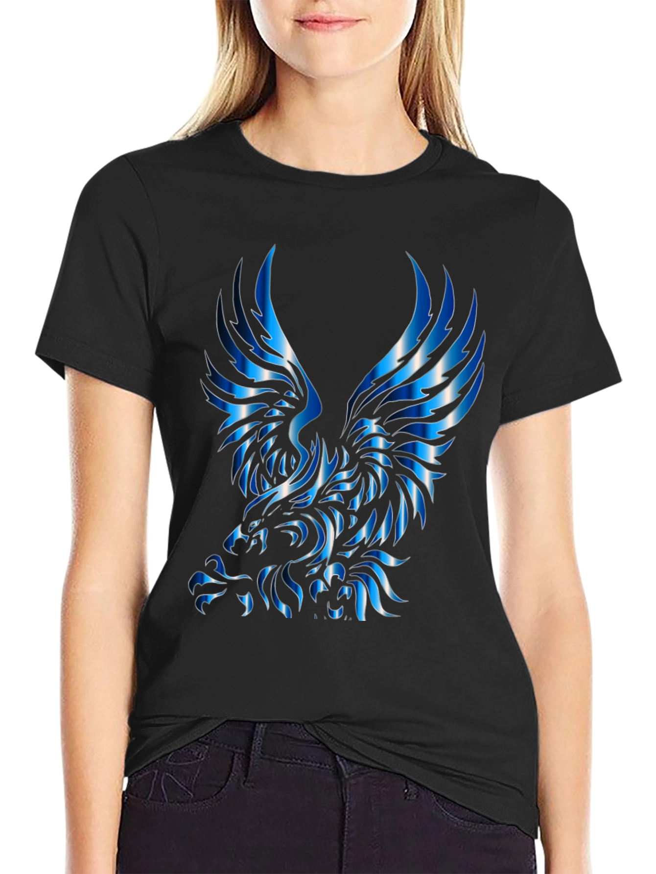Mens Black T-Shirt with Blue Eagle Design