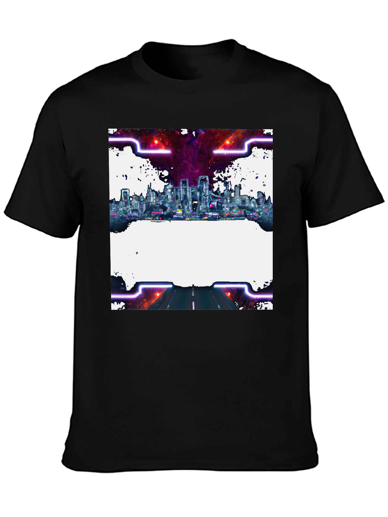 Cyberpunk Cityscape Graphic Tee - Black Crew Neck