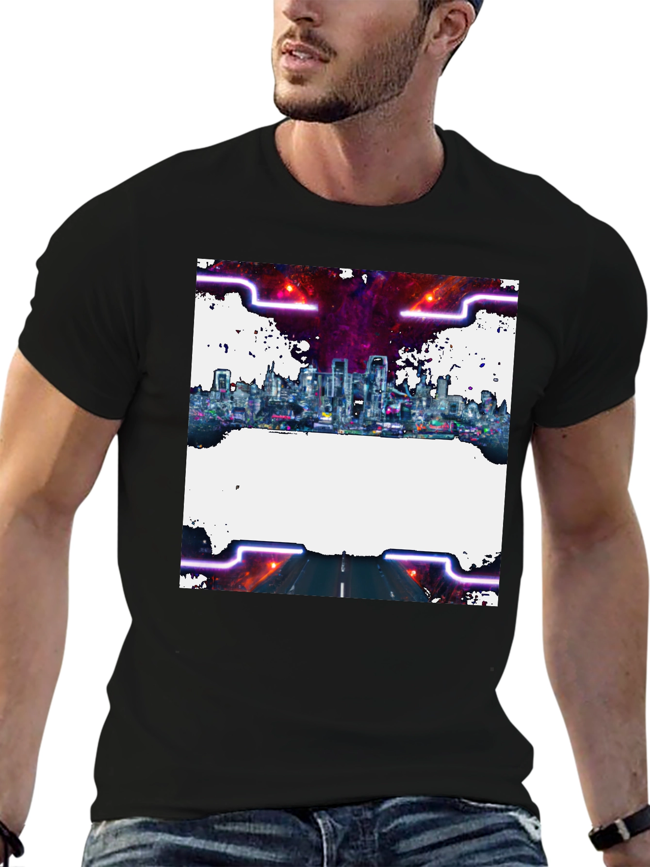 Cyberpunk Cityscape Graphic Tee - Black Crew Neck