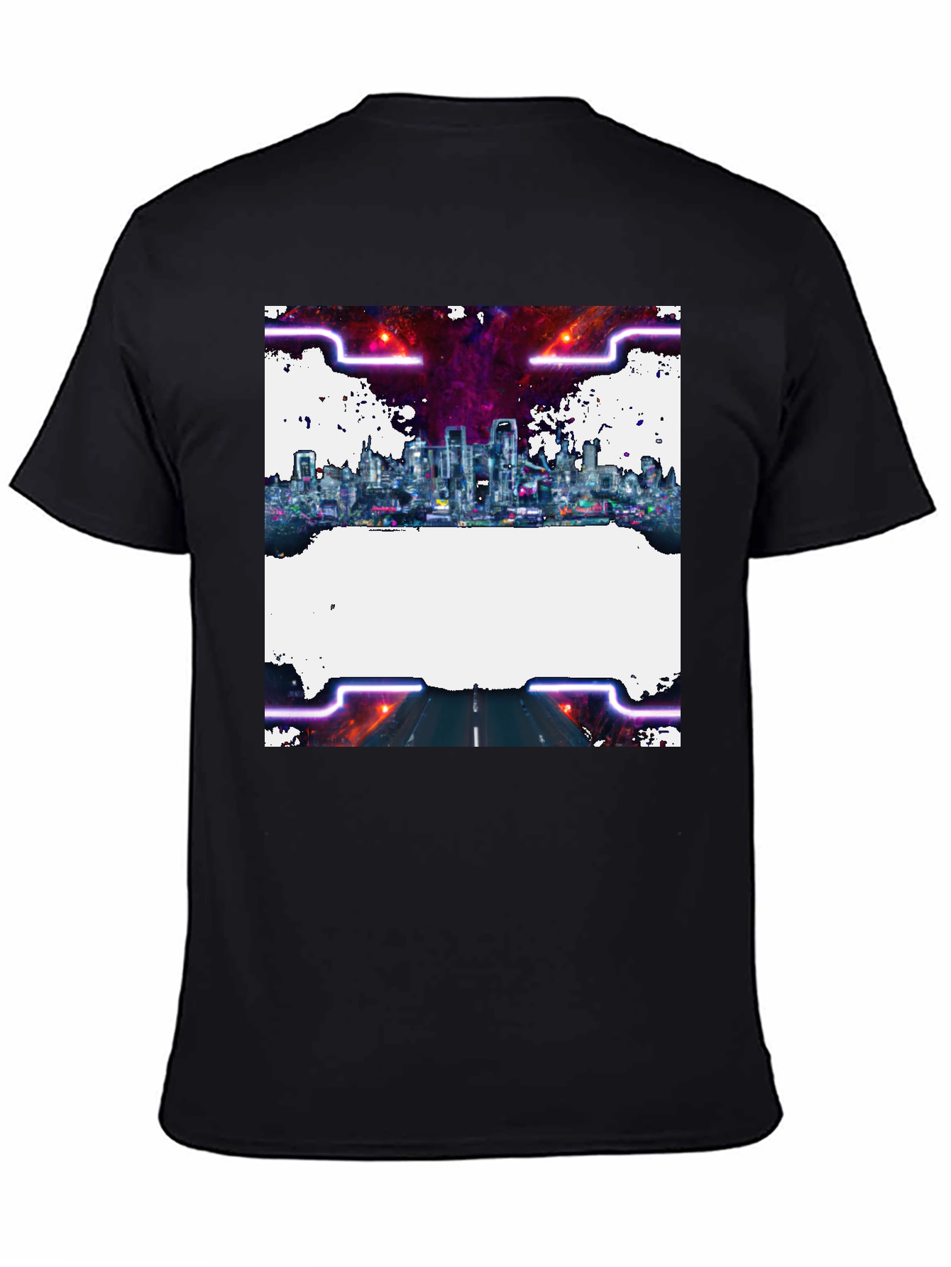 Cyberpunk Cityscape Graphic Tee - Black Crew Neck