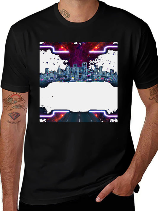 Cyberpunk Cityscape Graphic Tee - Black Crew Neck