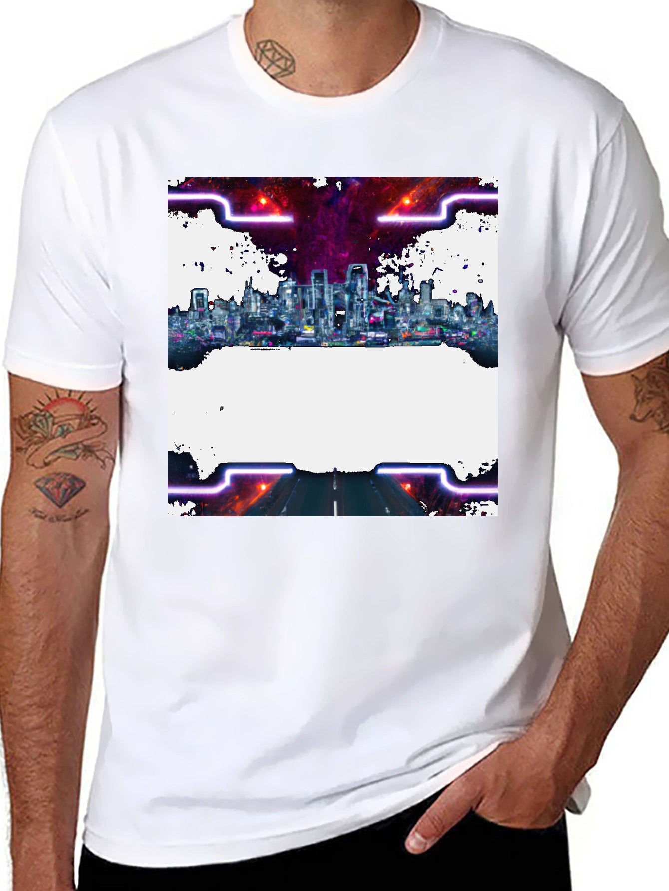Cyberpunk Cityscape Graphic Tee - Black Crew Neck