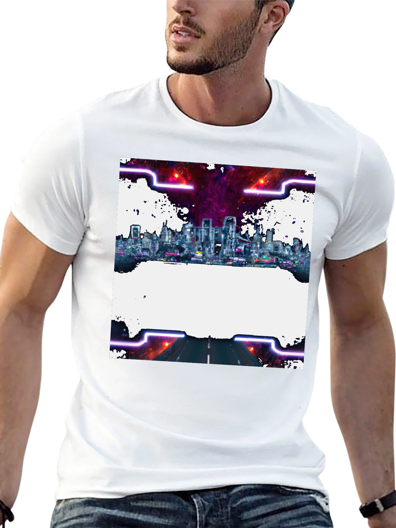 Cyberpunk Cityscape Graphic Tee - Black Crew Neck
