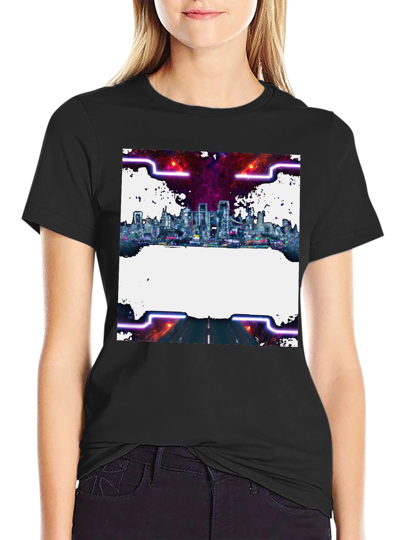 Cyberpunk Cityscape Graphic Tee - Black Crew Neck