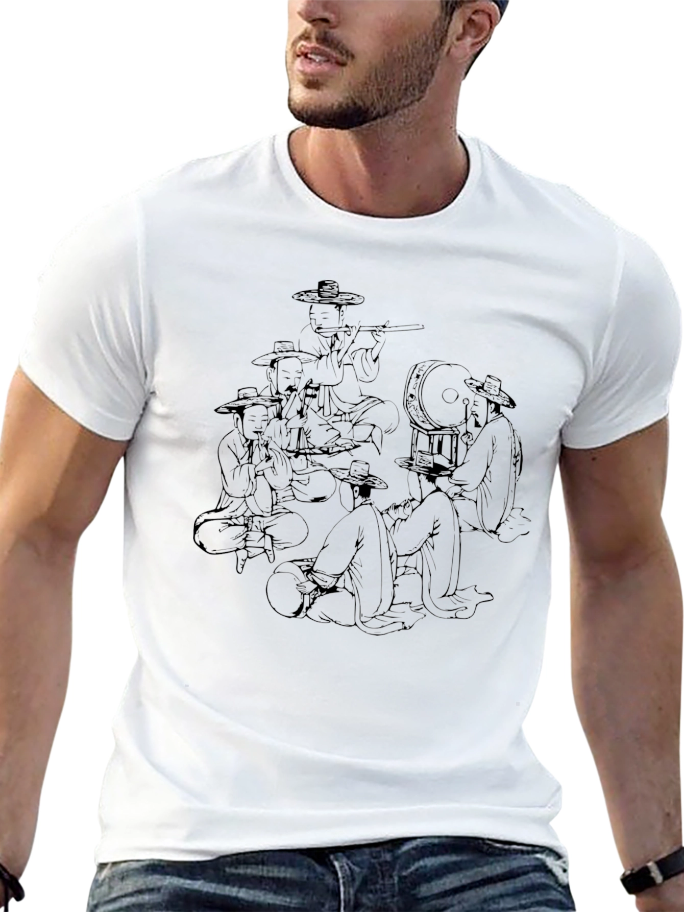 Korean Folk Art Graphic Print Black T-Shirt
