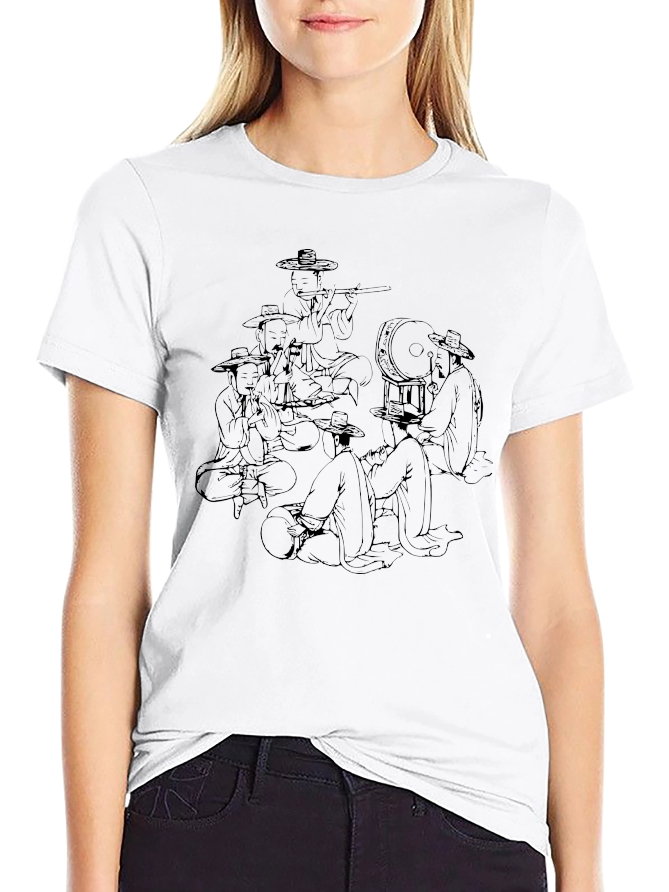 Korean Folk Art Graphic Print Black T-Shirt