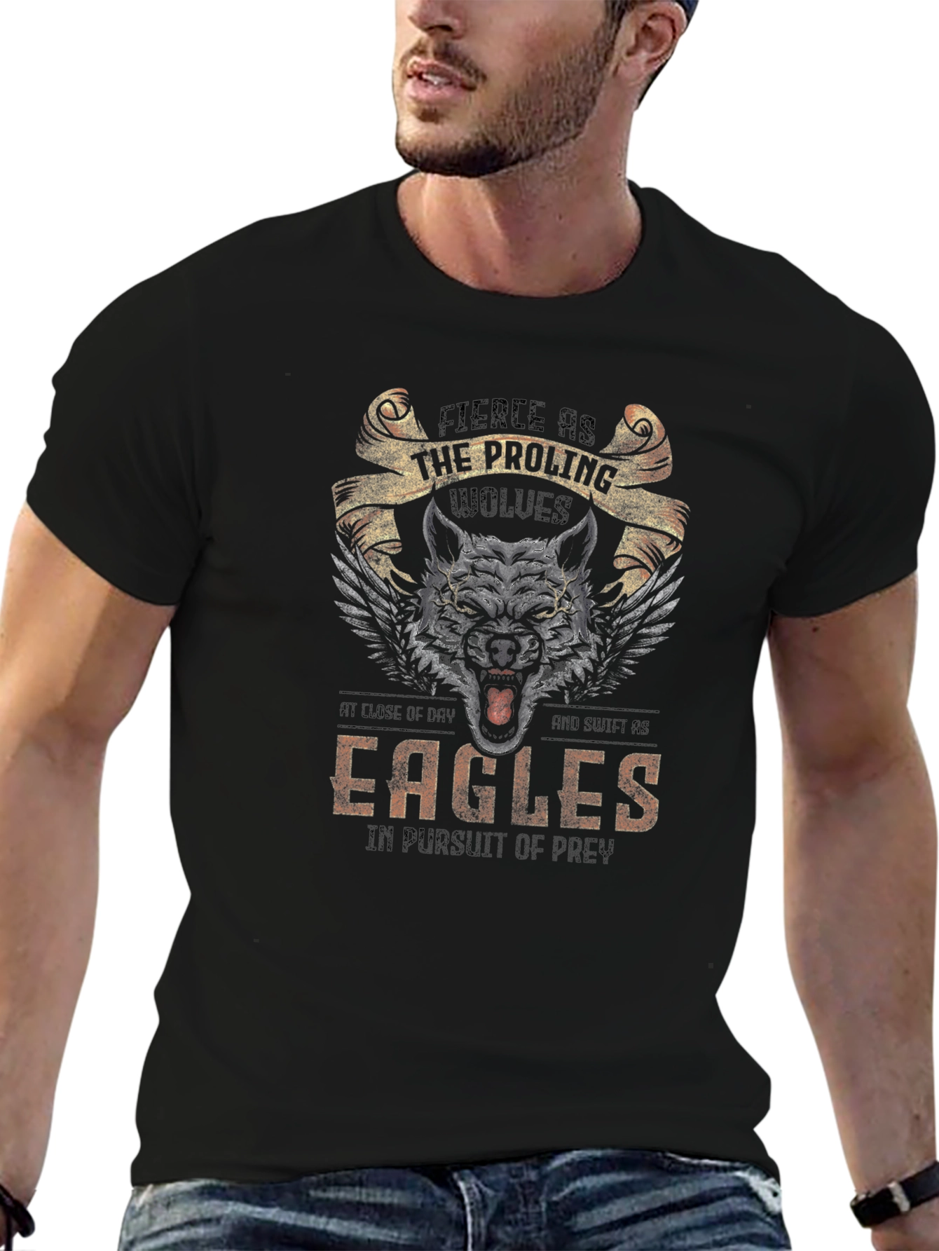 Fierce Wolves & Eagles Graphic Print T-Shirt