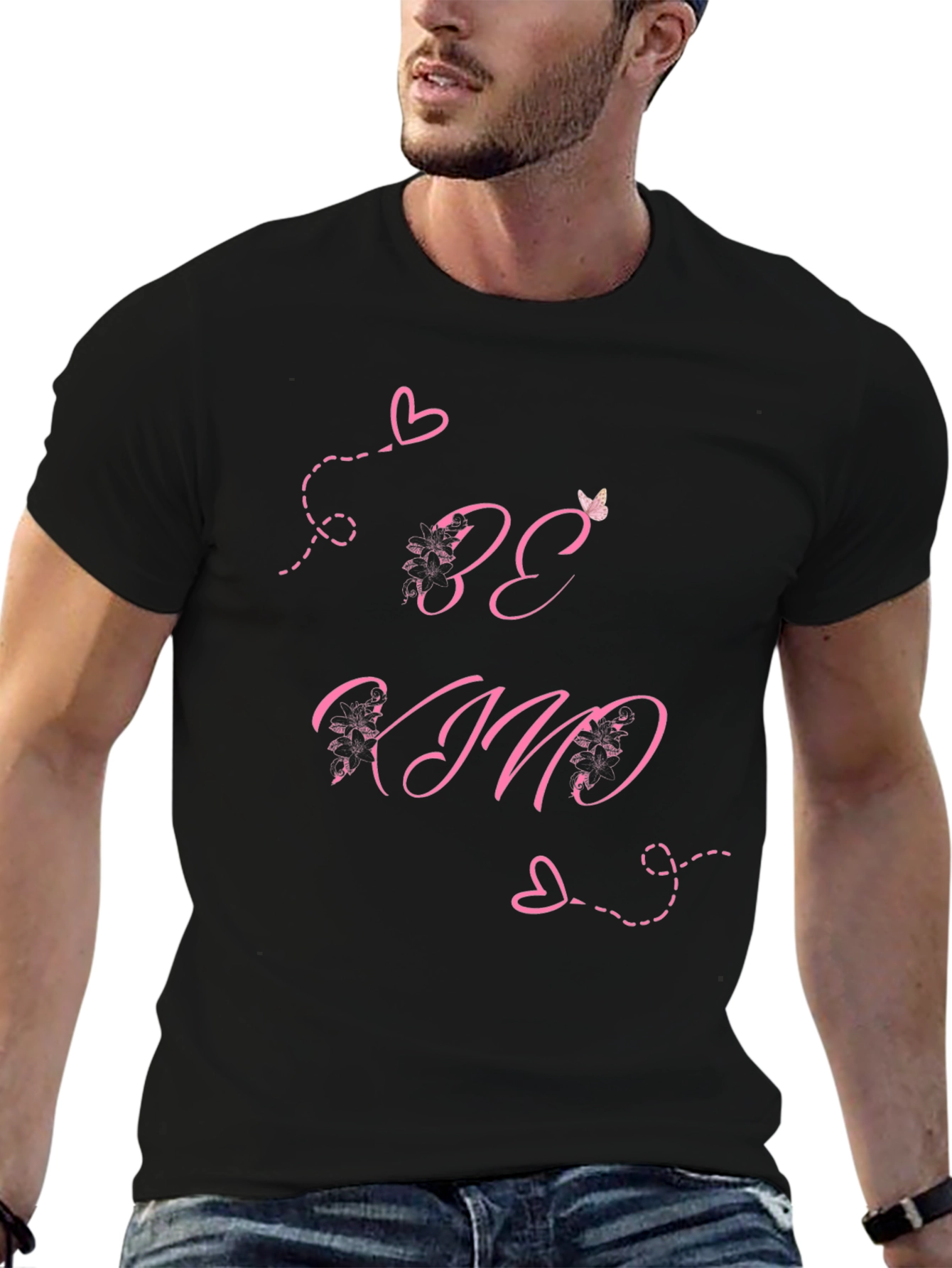 Be Kind Black T-Shirt with Pink Heart Details