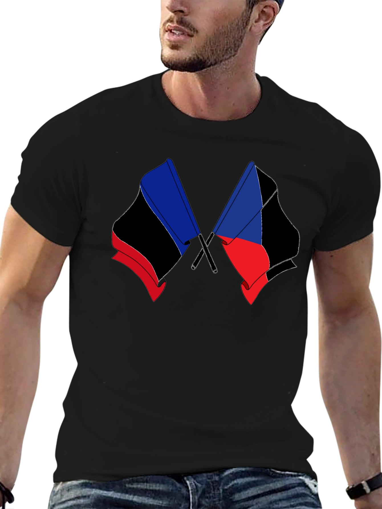 Black T-Shirt with Crossed Flag Design