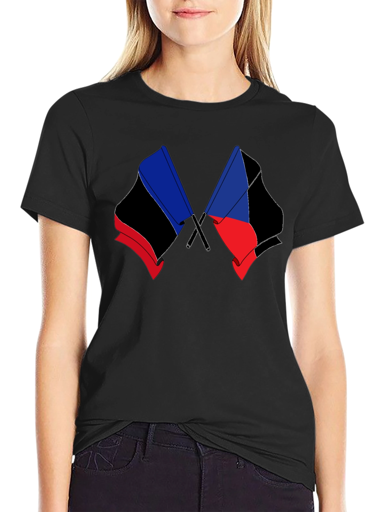 Black T-Shirt with Crossed Flag Design