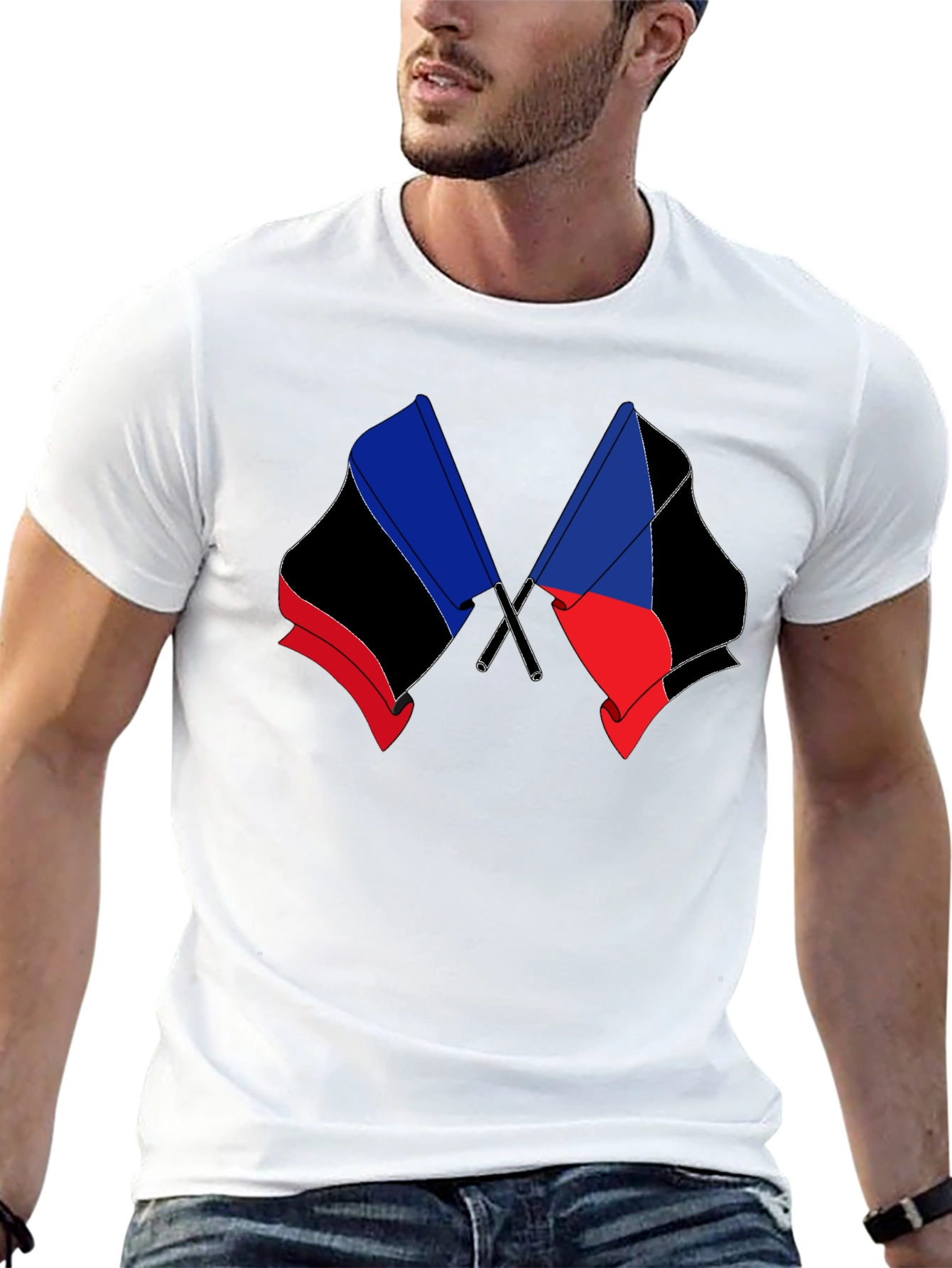 Black T-Shirt with Crossed Flag Design