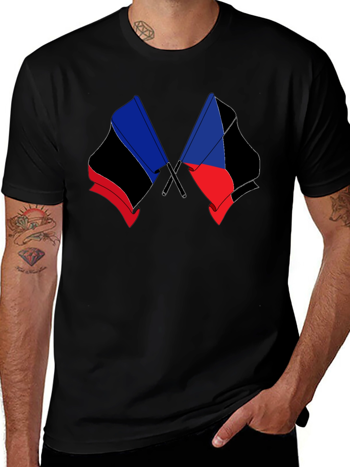 Black T-Shirt with Crossed Flag Design