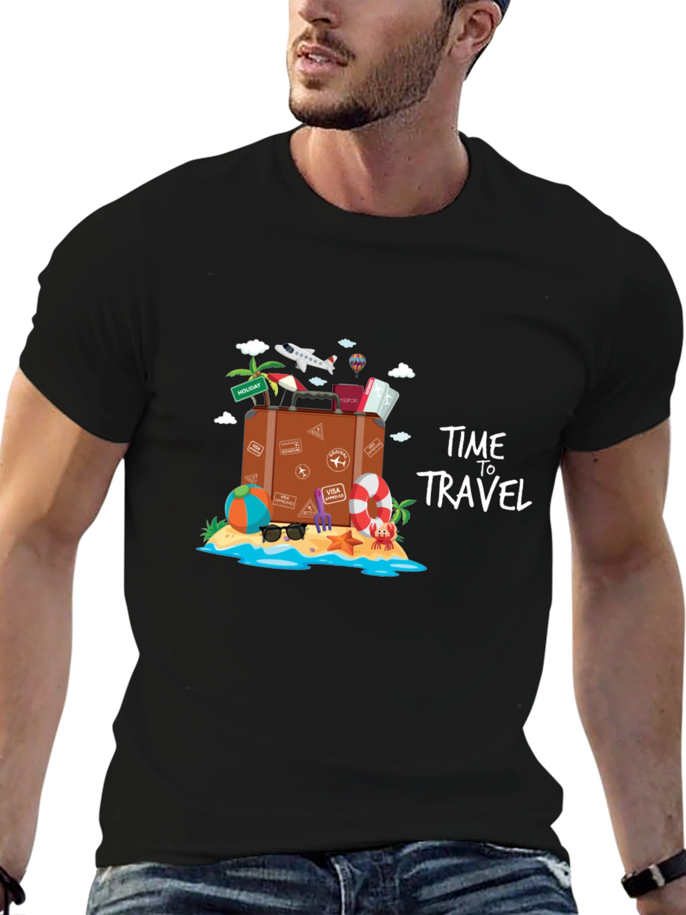 Time to Travel Graphic Tee - Black Cotton T-Shirt