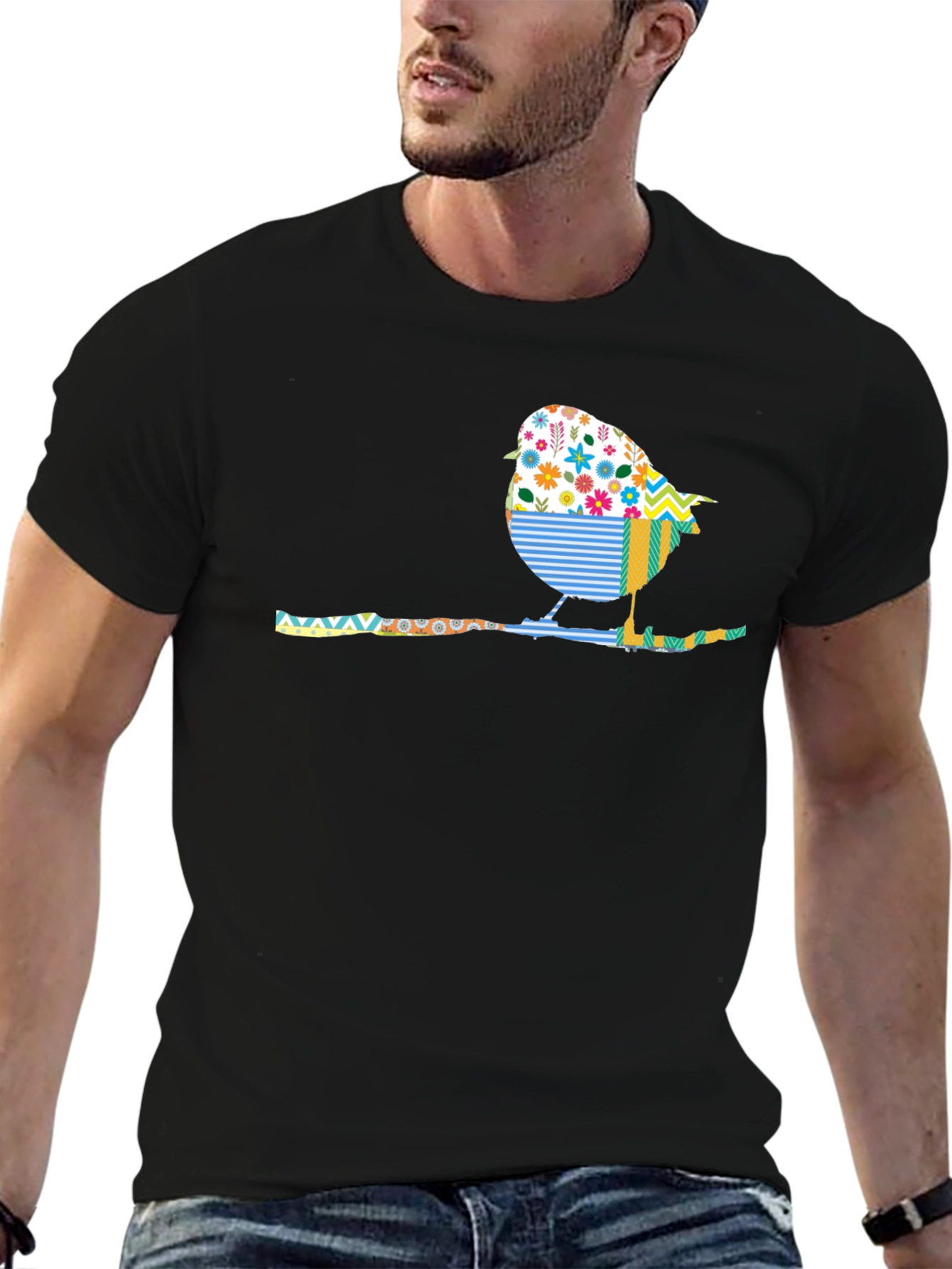 Whimsical Bird on Branch Graphic Tee