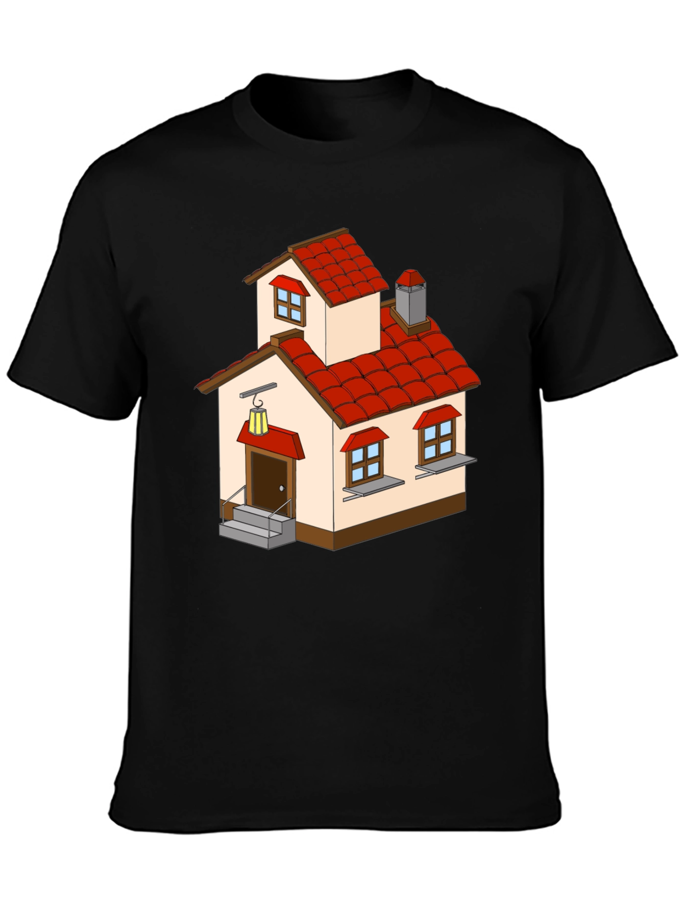 Cartoon House Graphic Tee - Quirky Black T-Shirt