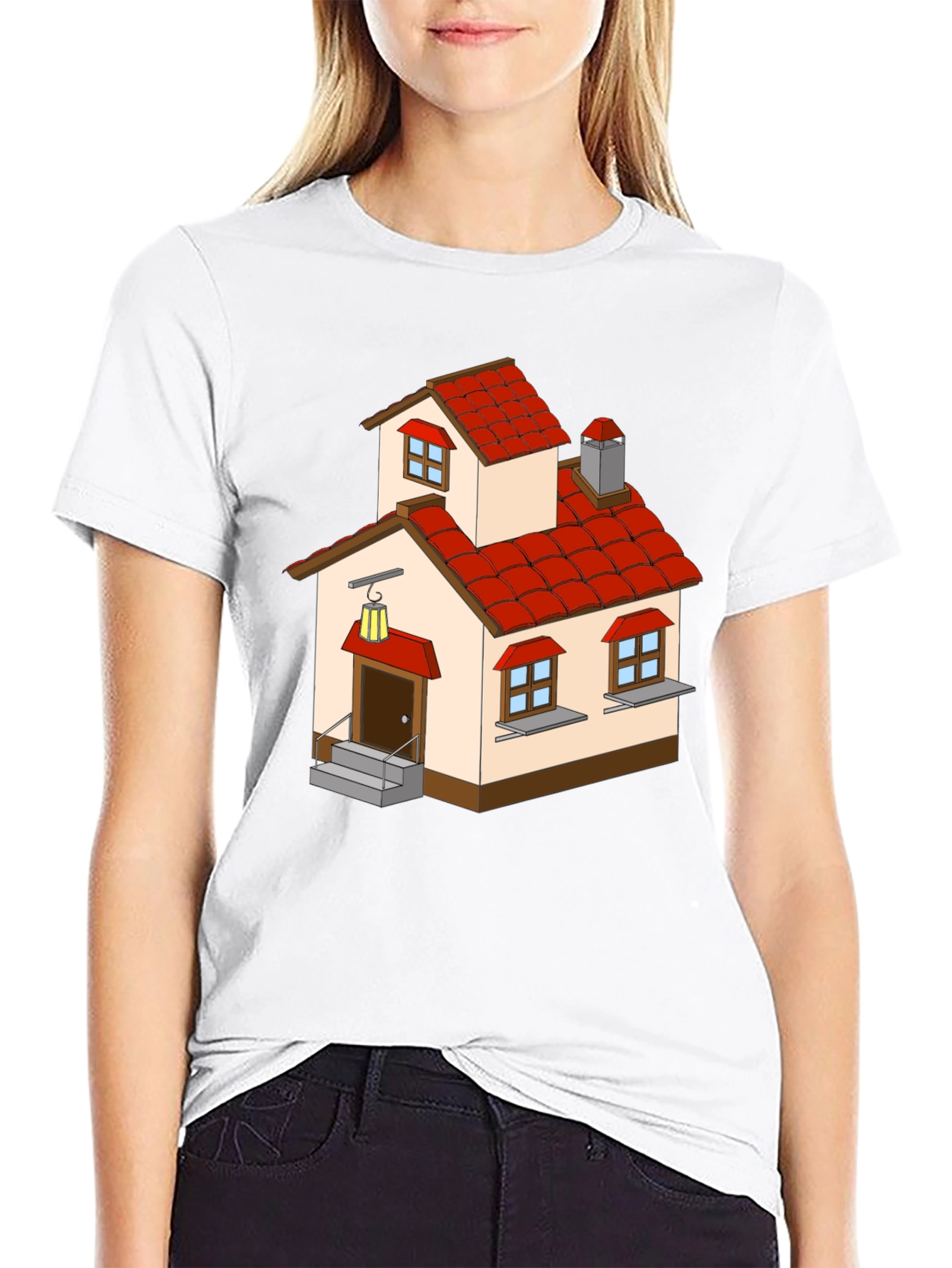 Cartoon House Graphic Tee - Quirky Black T-Shirt