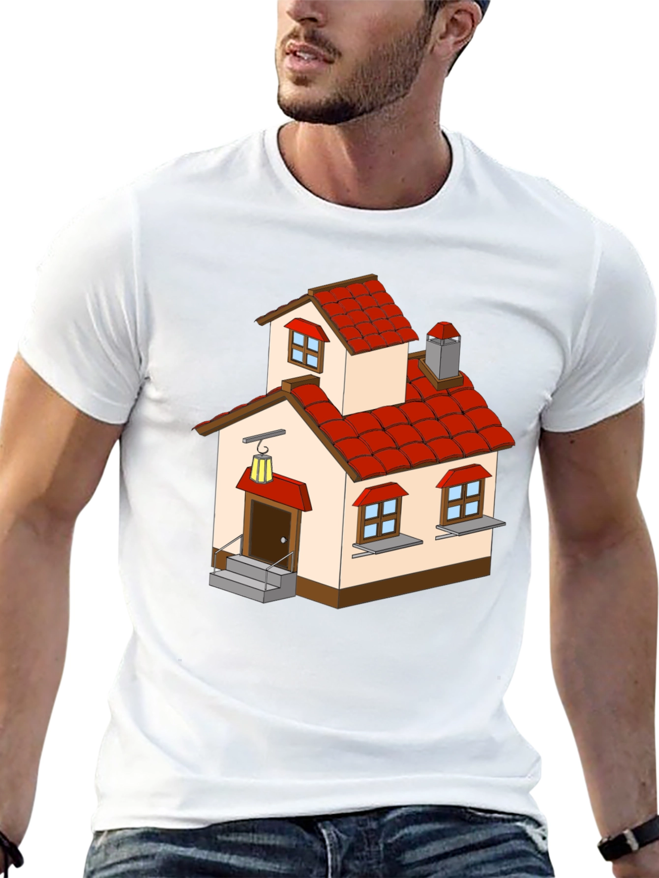 Cartoon House Graphic Tee - Quirky Black T-Shirt