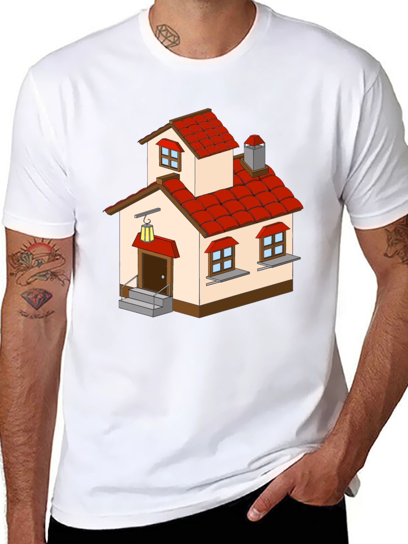 Cartoon House Graphic Tee - Quirky Black T-Shirt