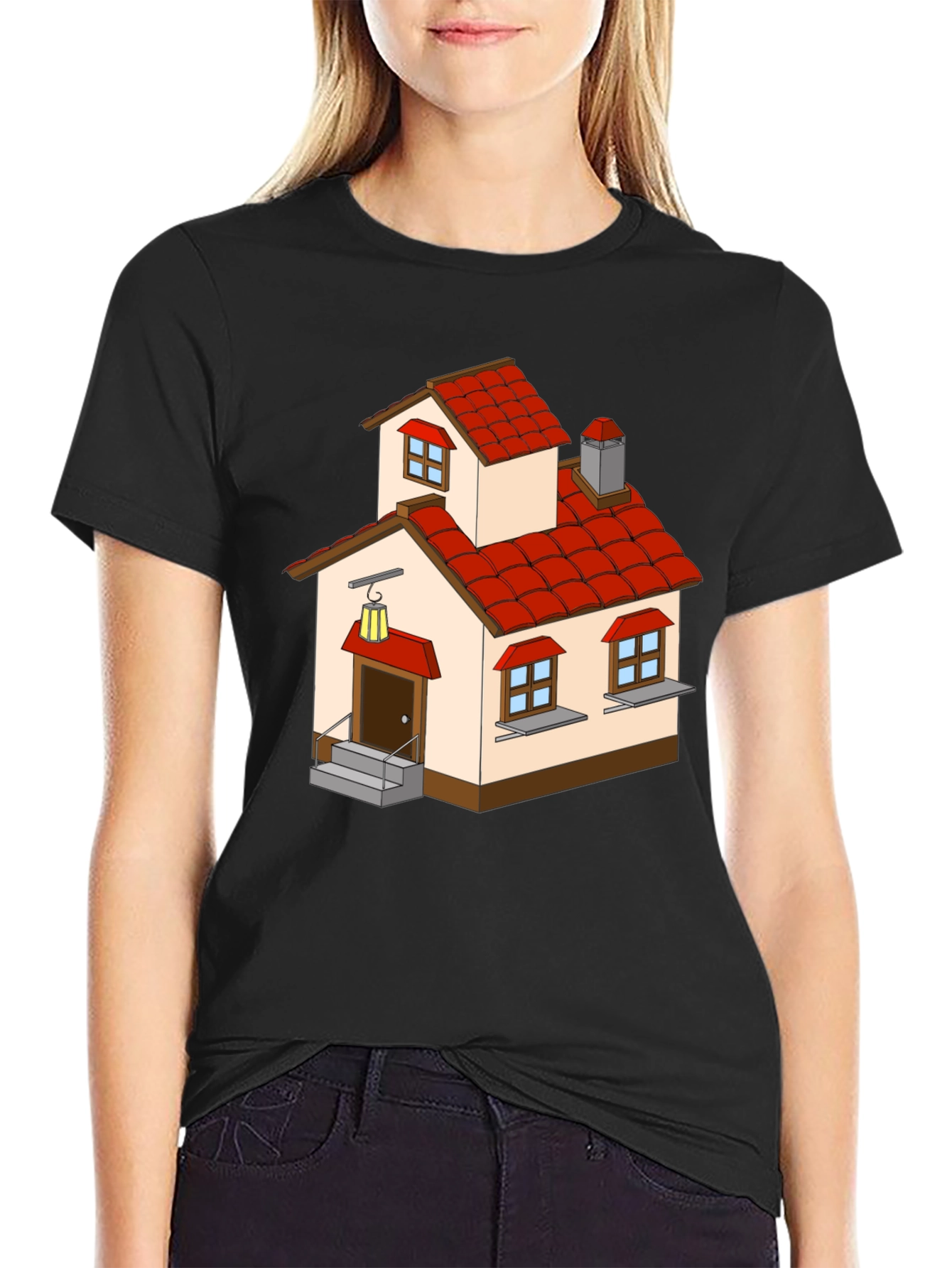 Cartoon House Graphic Tee - Quirky Black T-Shirt