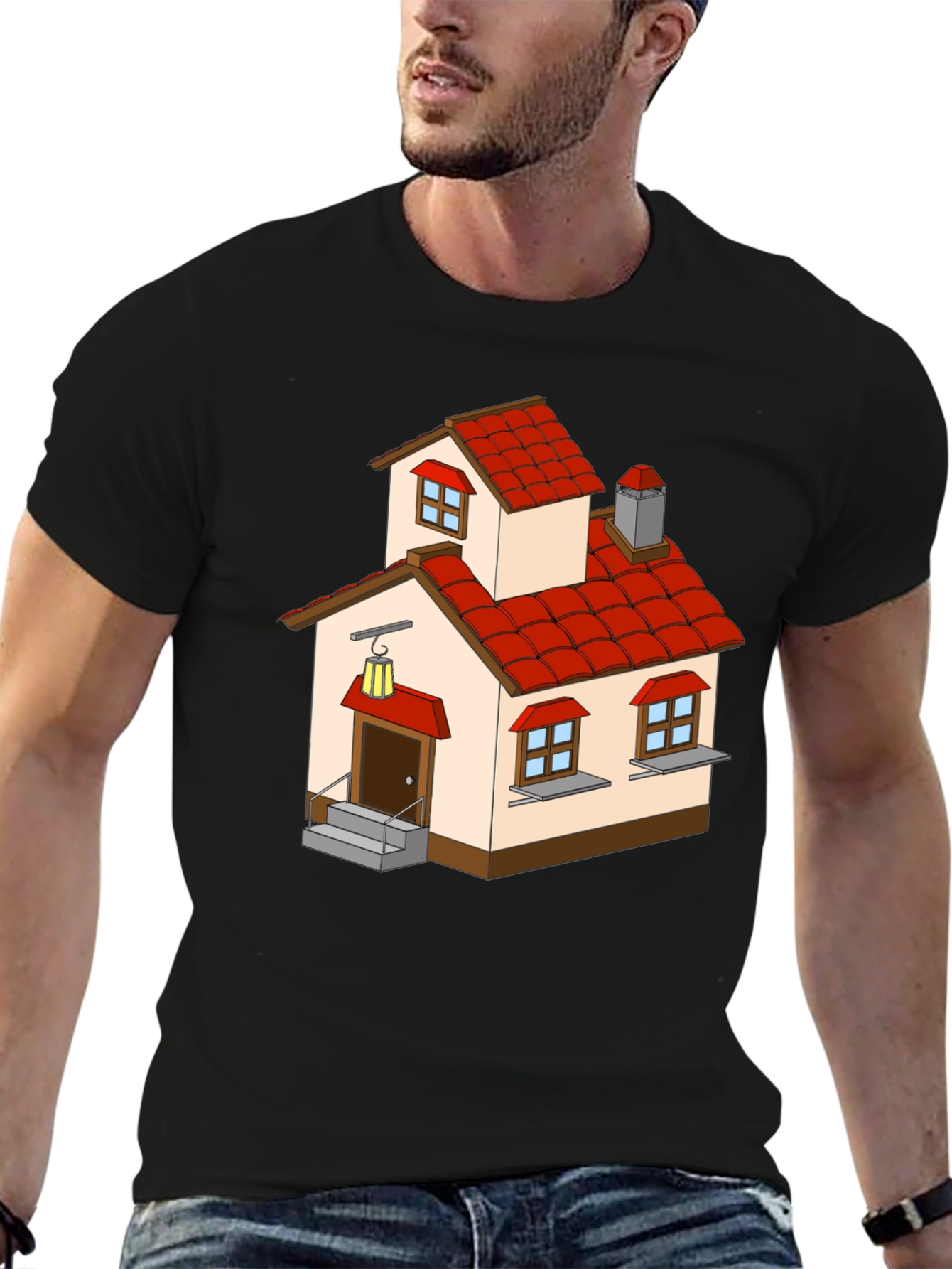 Cartoon House Graphic Tee - Quirky Black T-Shirt