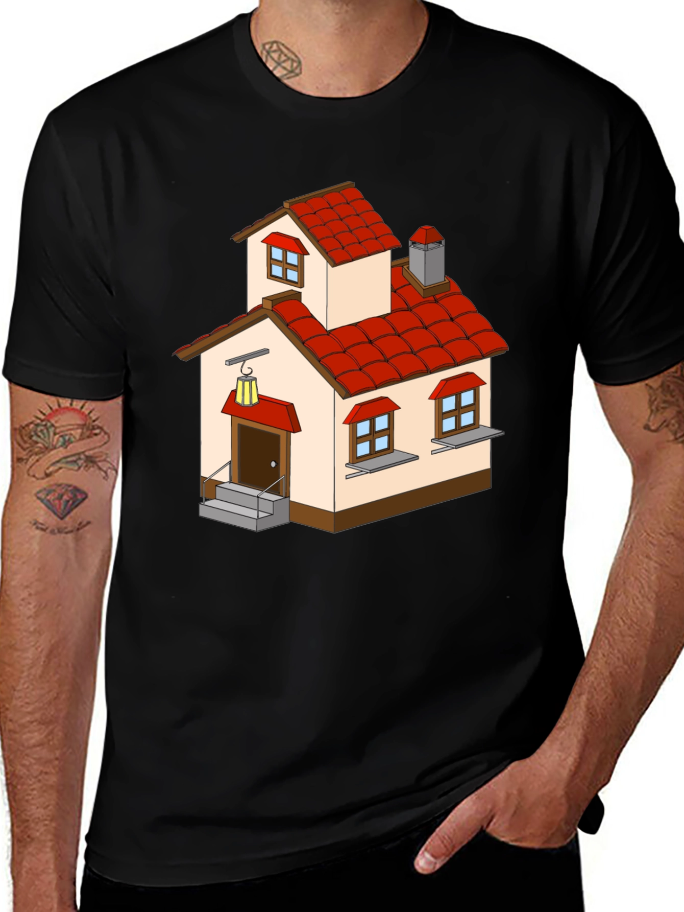 Cartoon House Graphic Tee - Quirky Black T-Shirt