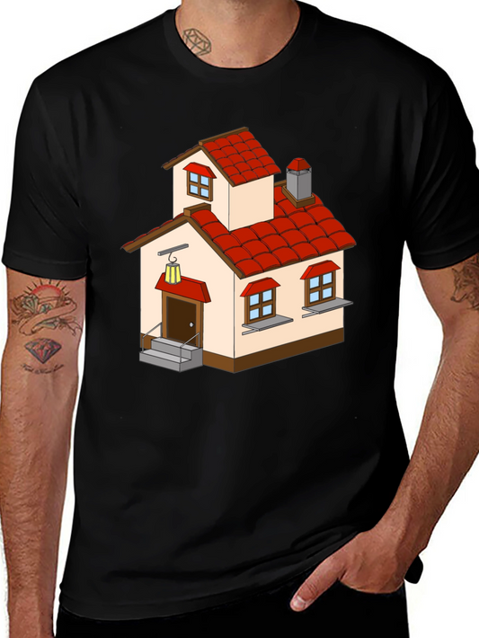 Cartoon House Graphic Tee - Quirky Black T-Shirt
