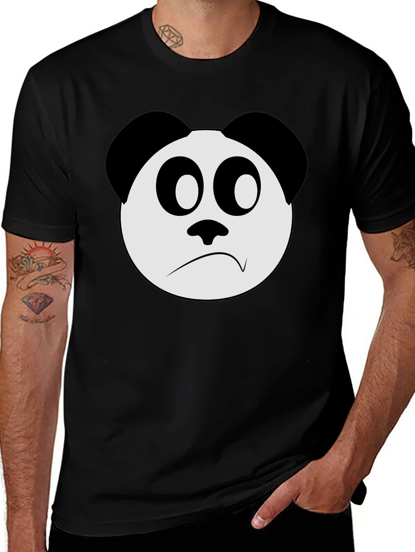 Sad Panda Face Graphic Black T-Shirt