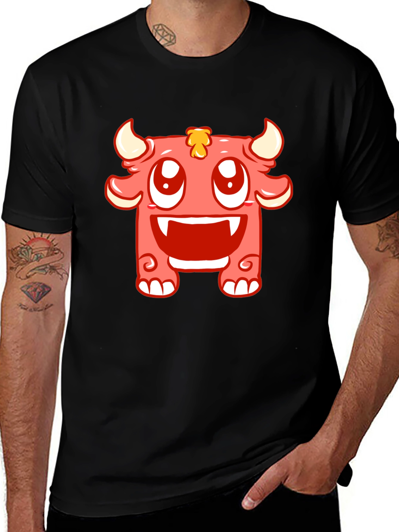 Cute Monster Graphic Tee - Black Cotton T-Shirt