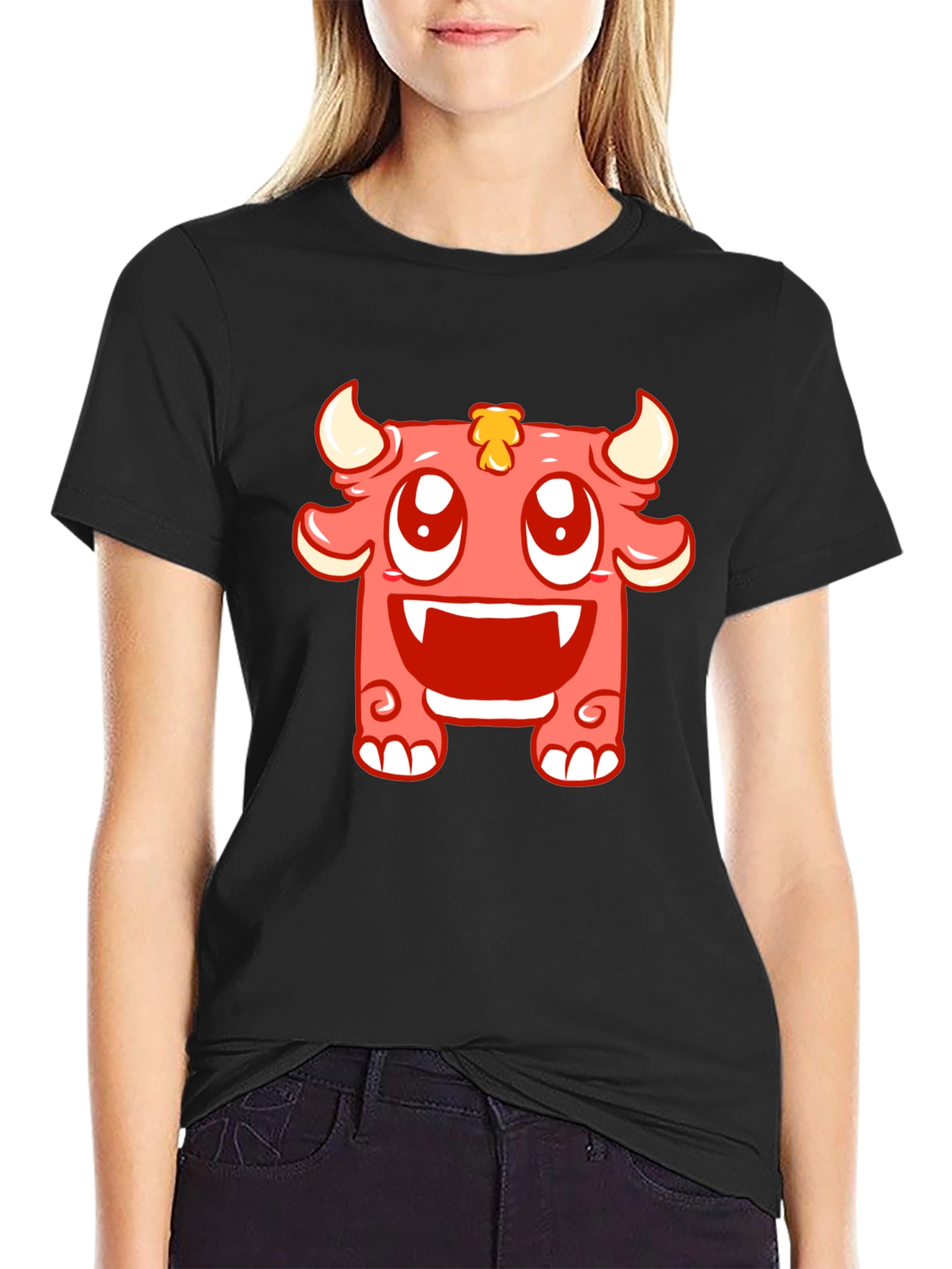 Cute Monster Graphic Tee - Black Cotton T-Shirt