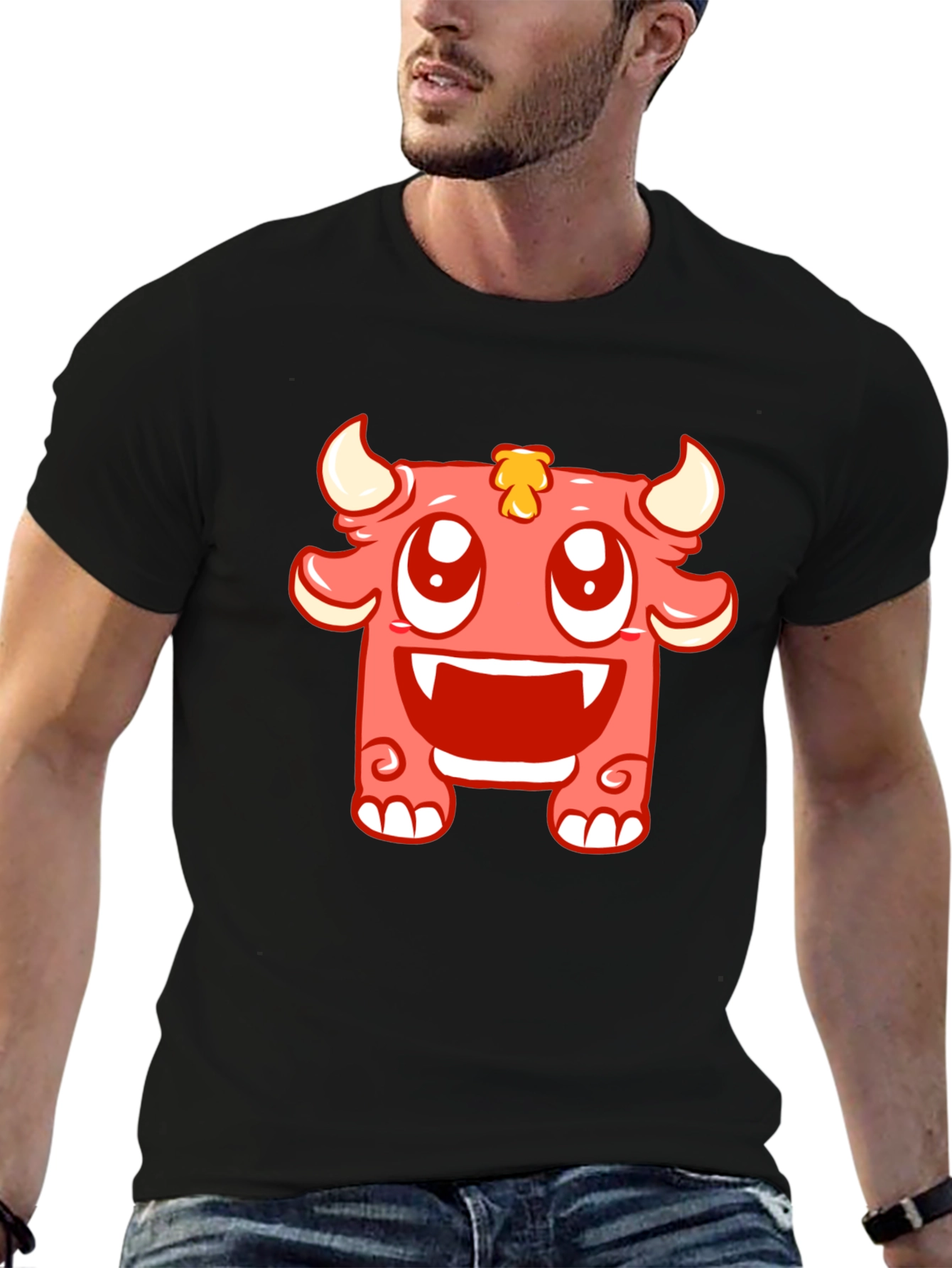 Cute Monster Graphic Tee - Black Cotton T-Shirt