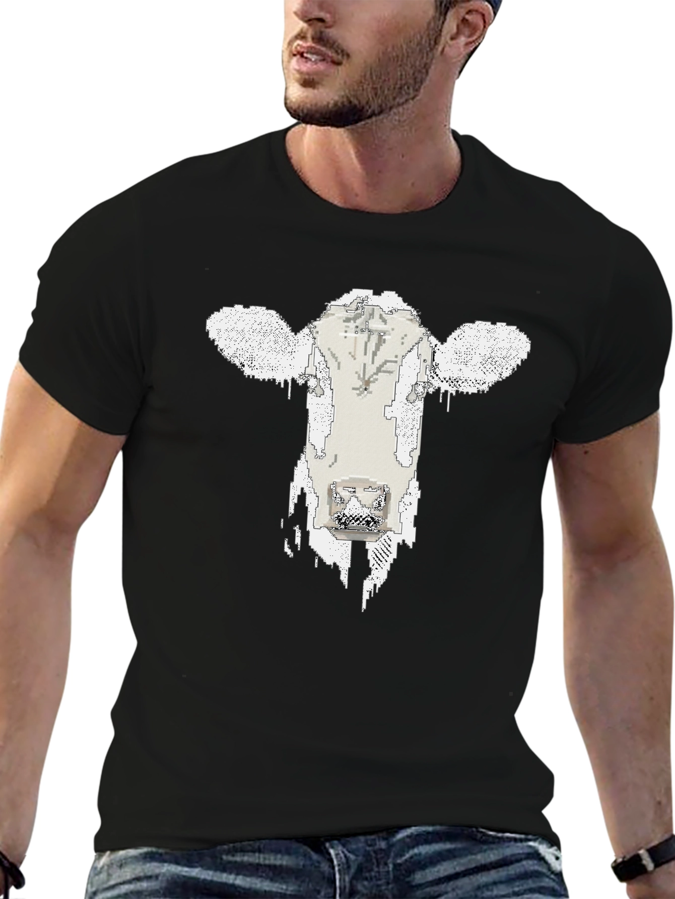 Pixelated Cow Graphic Tee - Black Cotton T-Shirt