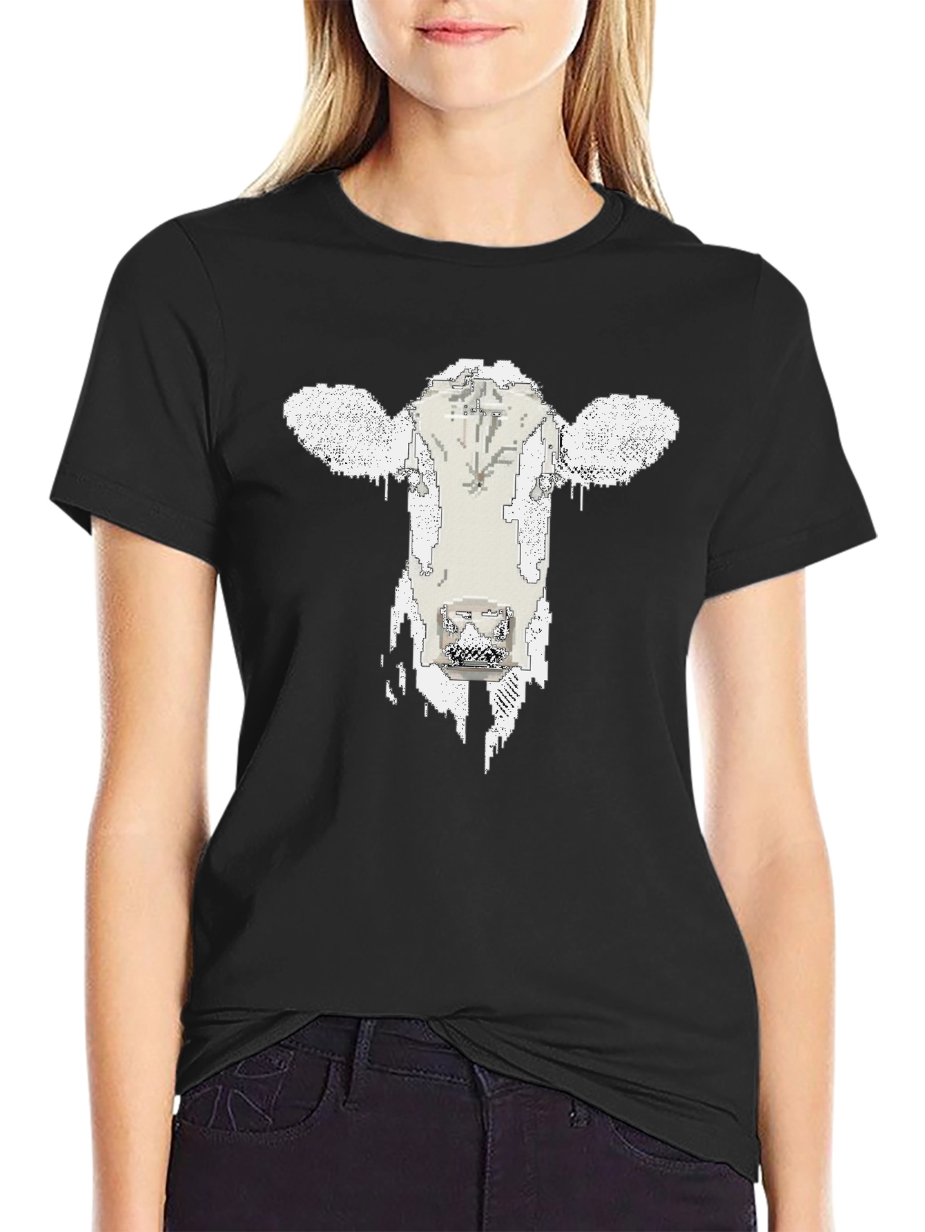 Pixelated Cow Graphic Tee - Black Cotton T-Shirt