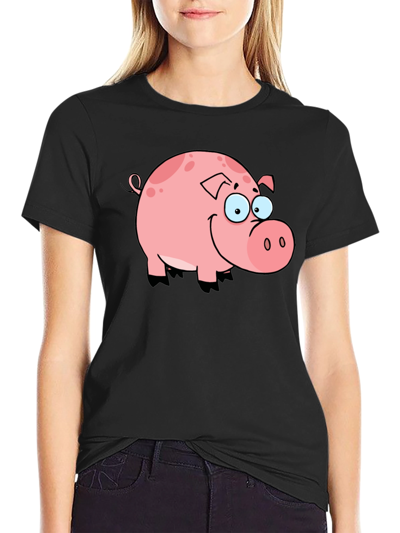 Cute Pig Graphic Black T-Shirt